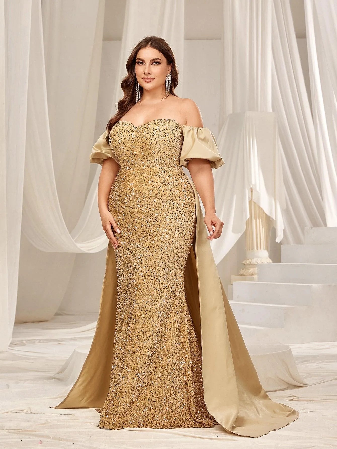 Plus Off Shoulder Puff Sleeves Satin Sequin Mermaid Dress