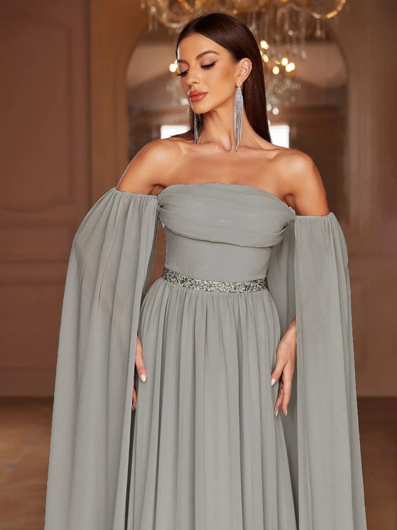 Elegant Off Shoulder Extra-Long Sleeves Chiffon Prom Dress