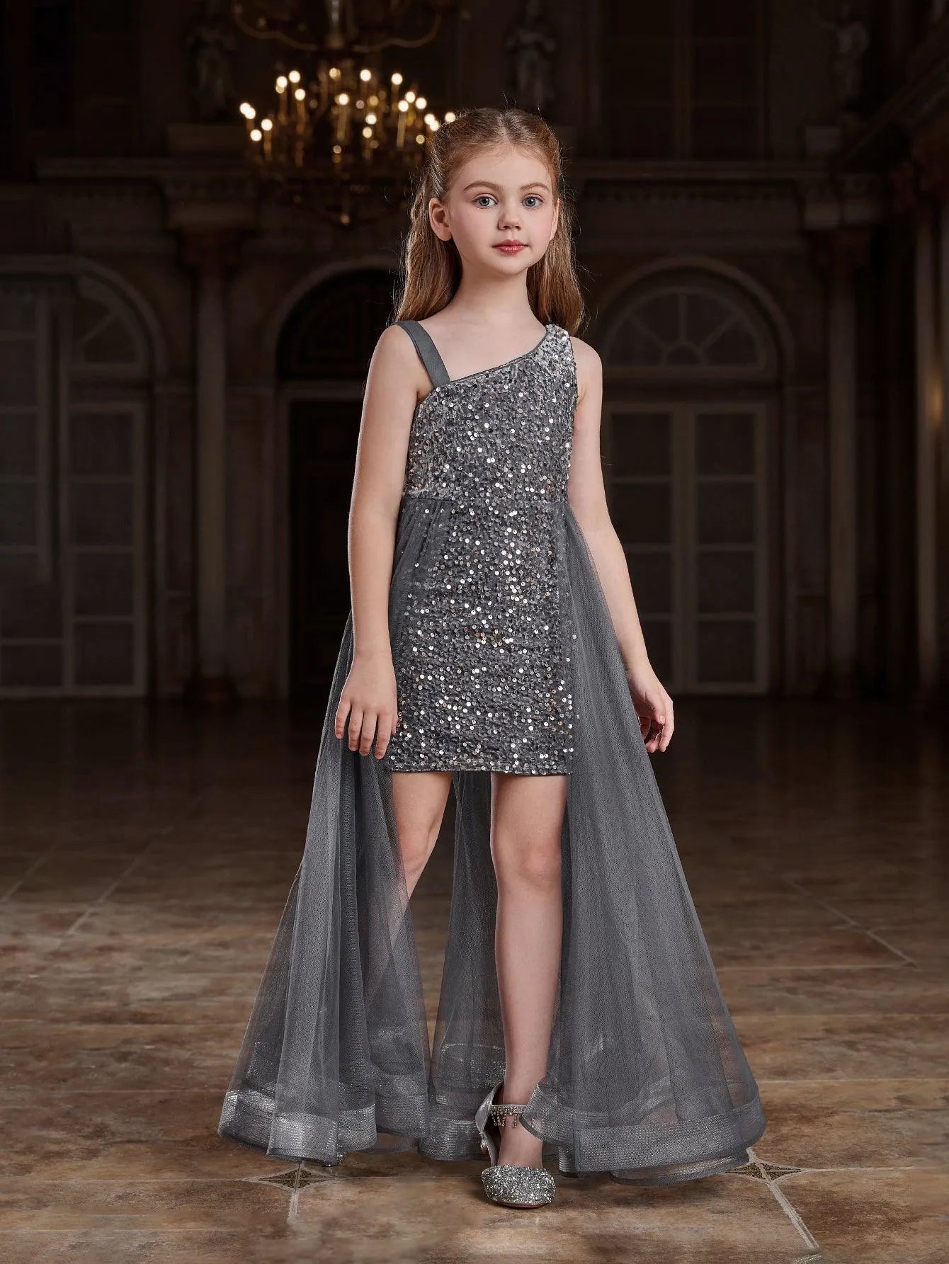 Tween Girls' Asymmetrical Neckline Mesh Overlay Sequin Dress