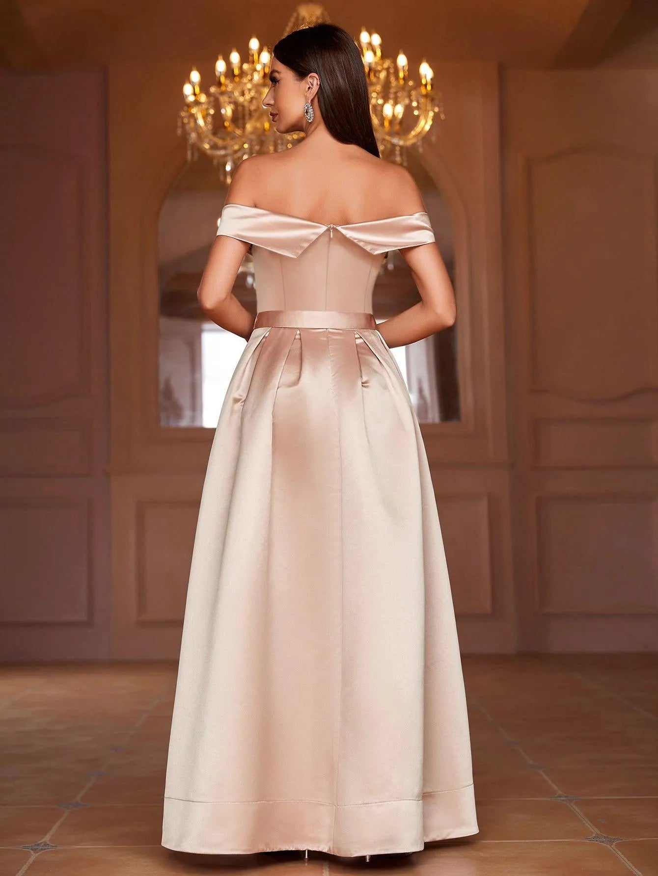 Off Shoulder Buckle Belted Satin Ball Gown