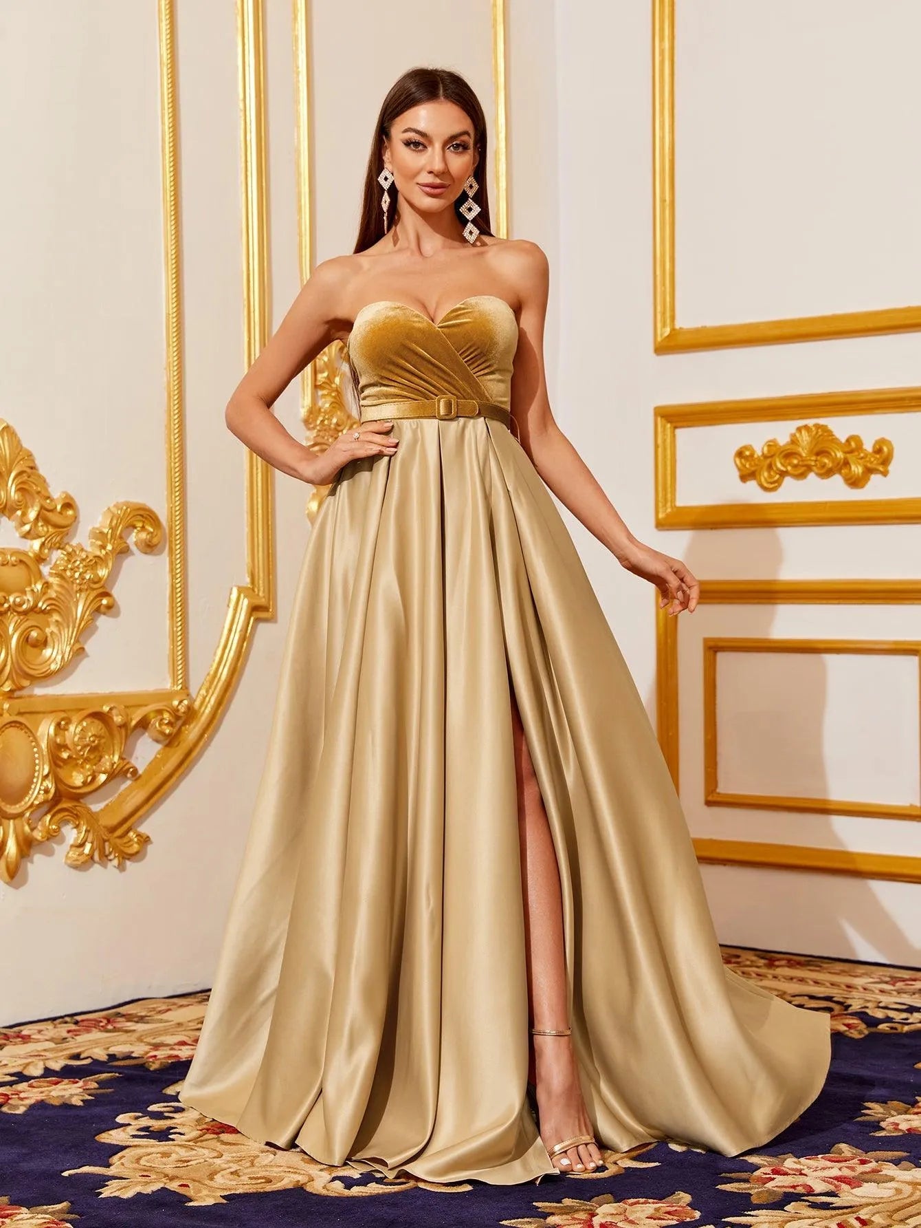 Velvet Bodice Contrast Satin Hem Tube Prom Dress