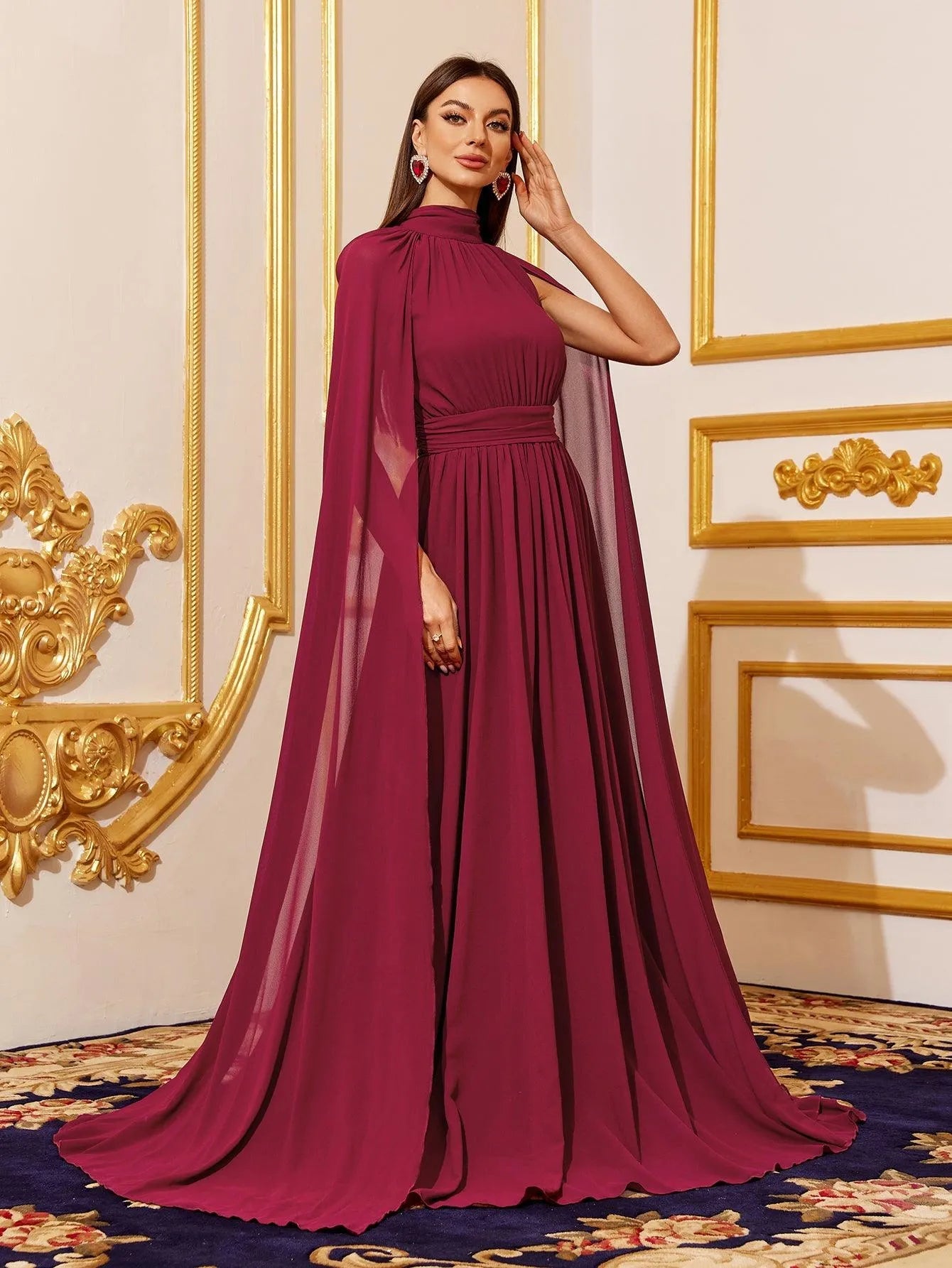 Elegant Mock Neck Cloak Sleeve Chiffon Formal Dress