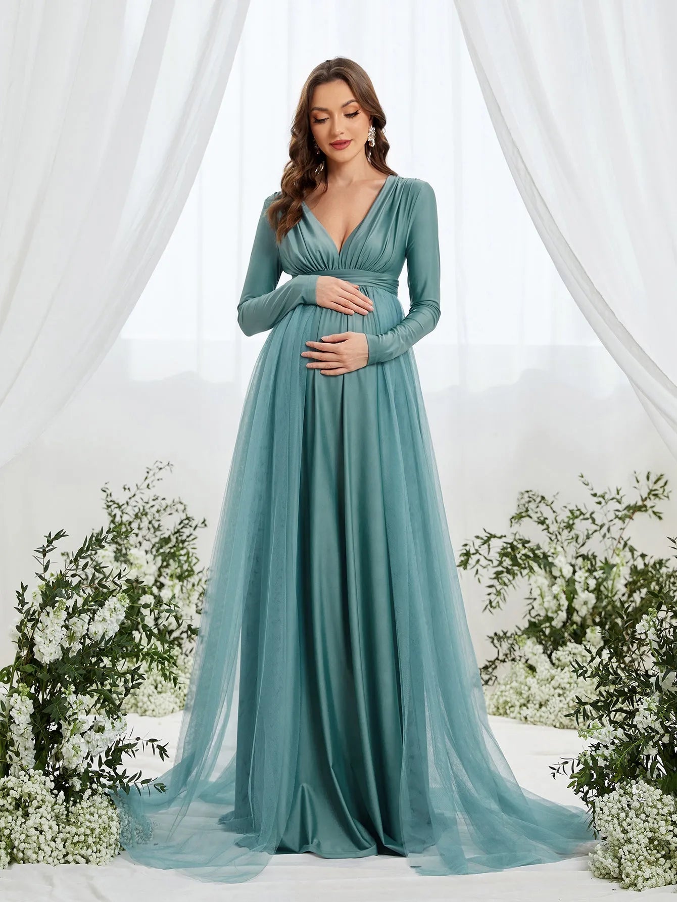 Maternity Plunging Neck Long Sleeve Contrast Mesh Formal Dress