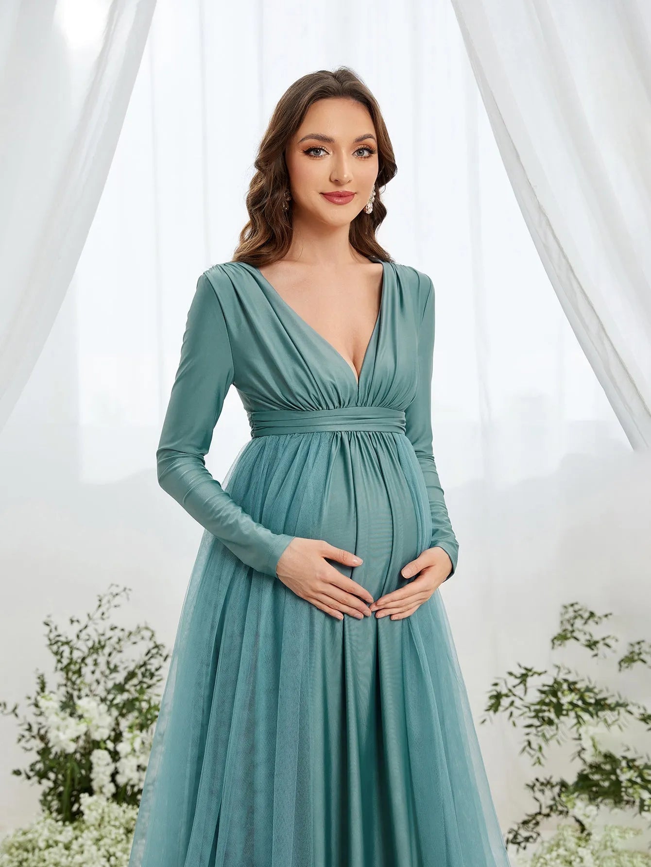 Maternity Plunging Neck Long Sleeve Contrast Mesh Formal Dress