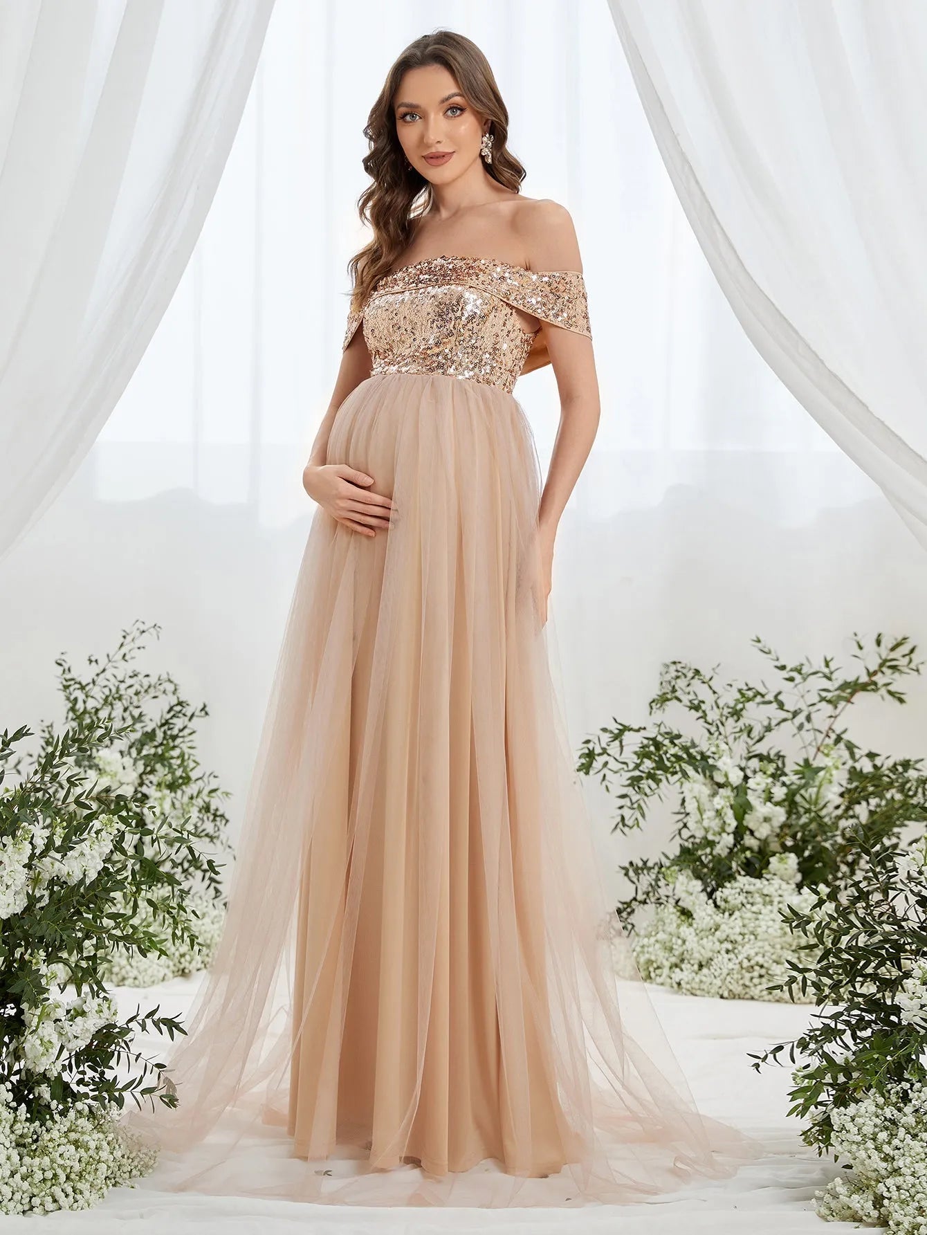 Maternity Off Shoulder Contrast Sequin Evening Dress