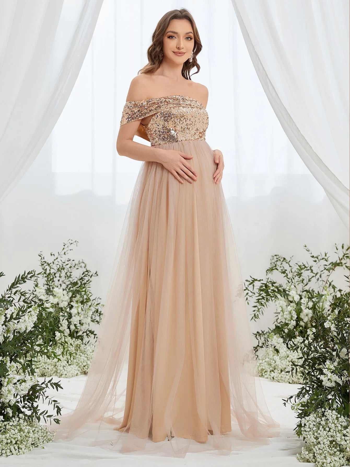 Maternity Off Shoulder Contrast Sequin Evening Dress