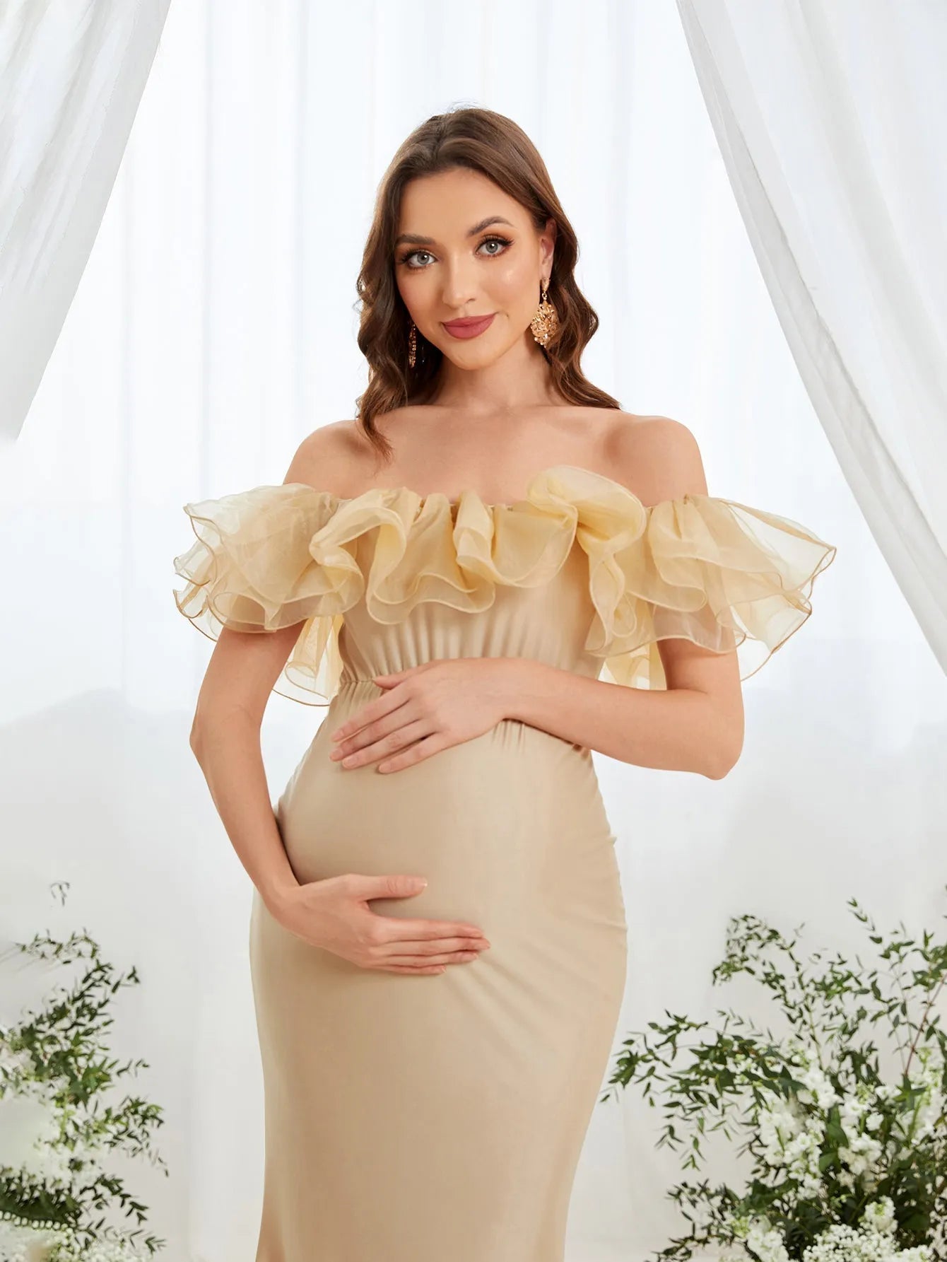 Maternity Ruffle Trim Off Shoulder Mermaid Hem Party Dress