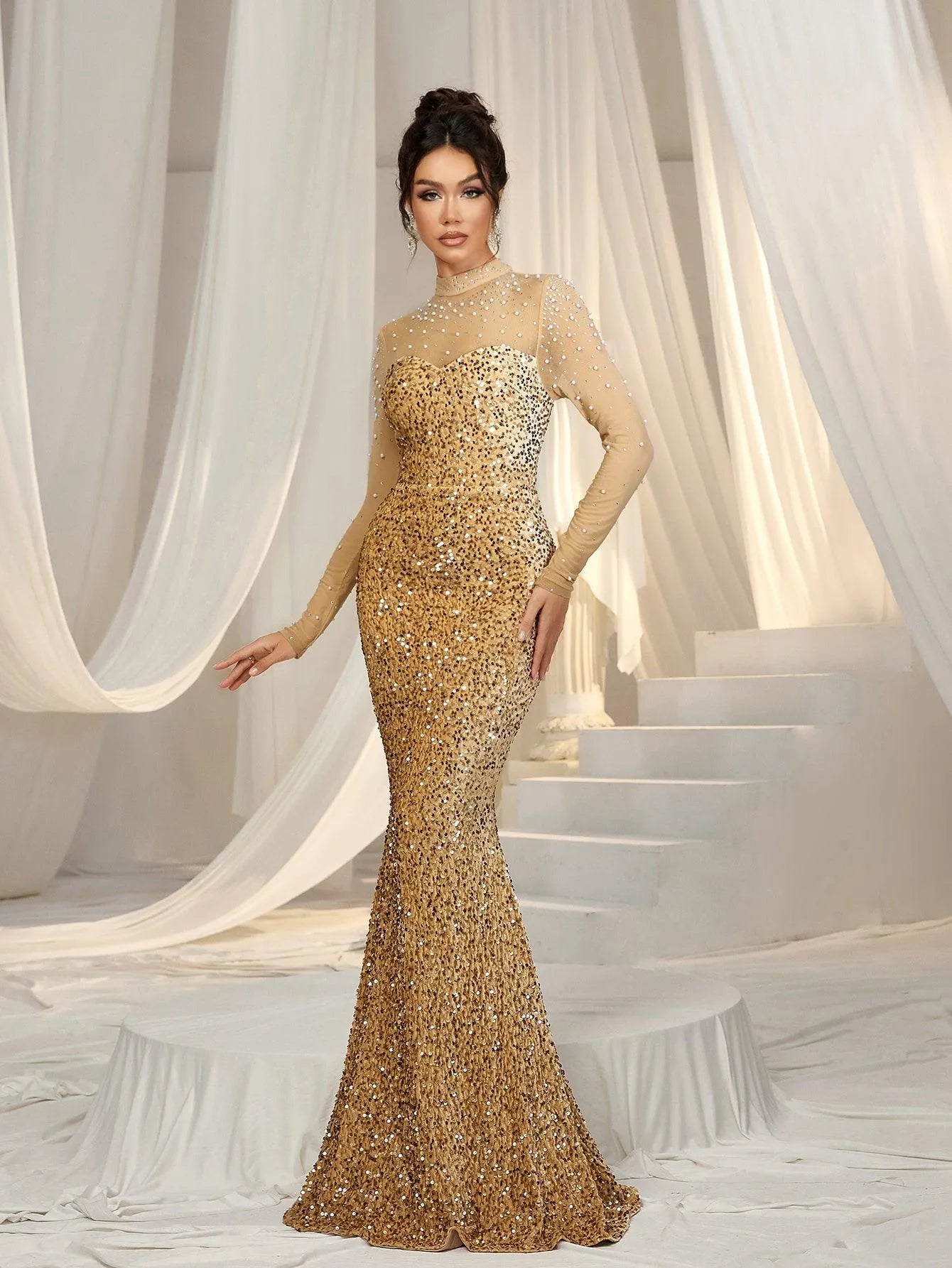 Pearl Decor Mock Neck Sequin Mermaid Dress