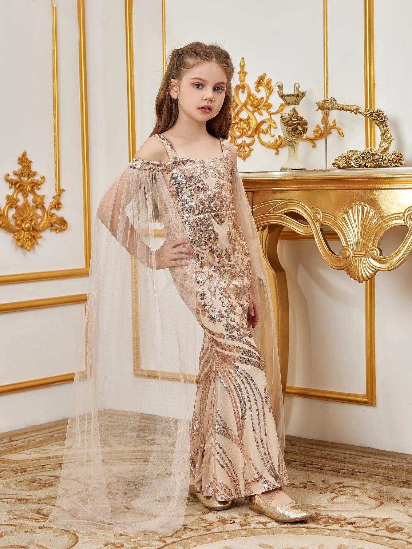 Tween Girls' Off Shoulder Cloak Sleeves Graphic Sequin Mermaid Dress