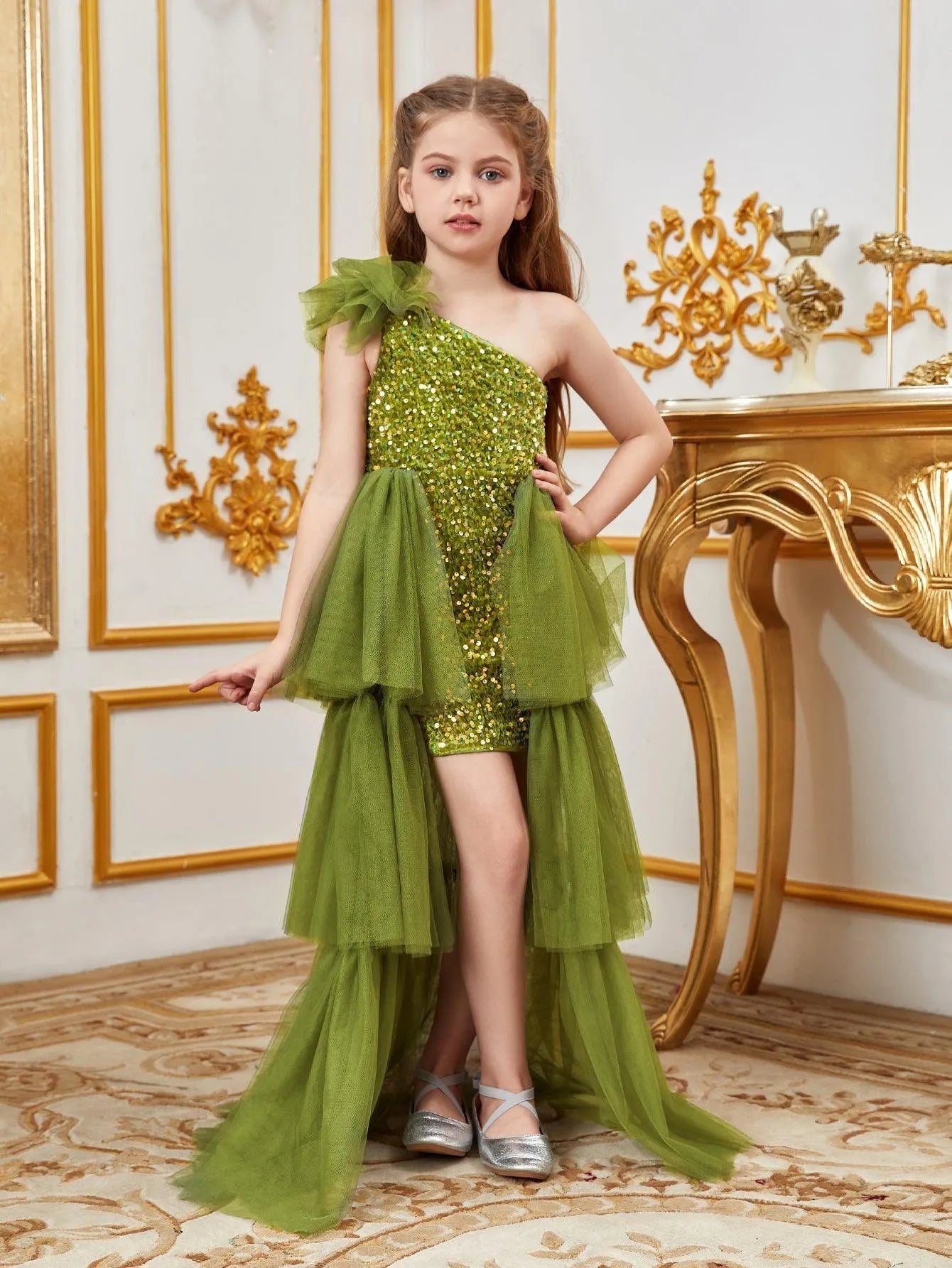 Tween Girls' One Shoulder Mesh Layered Hem Sequin Dress