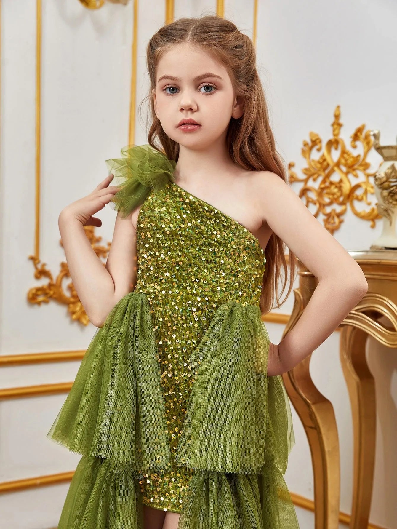 Tween Girls' One Shoulder Mesh Layered Hem Sequin Dress