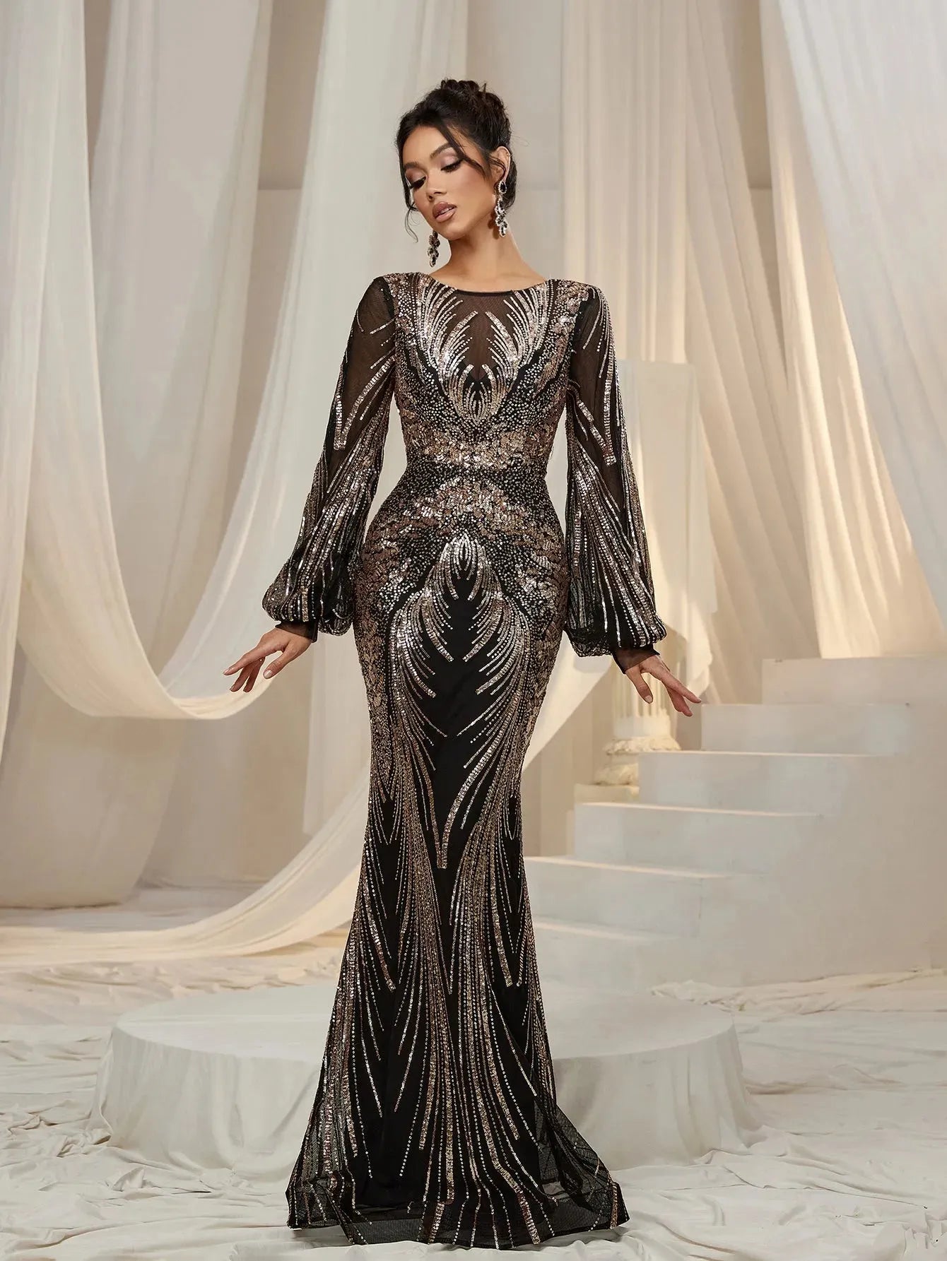 Gorgeous Lantern Sleeves Mermaid Hem Graphic Sequin Evening Dress