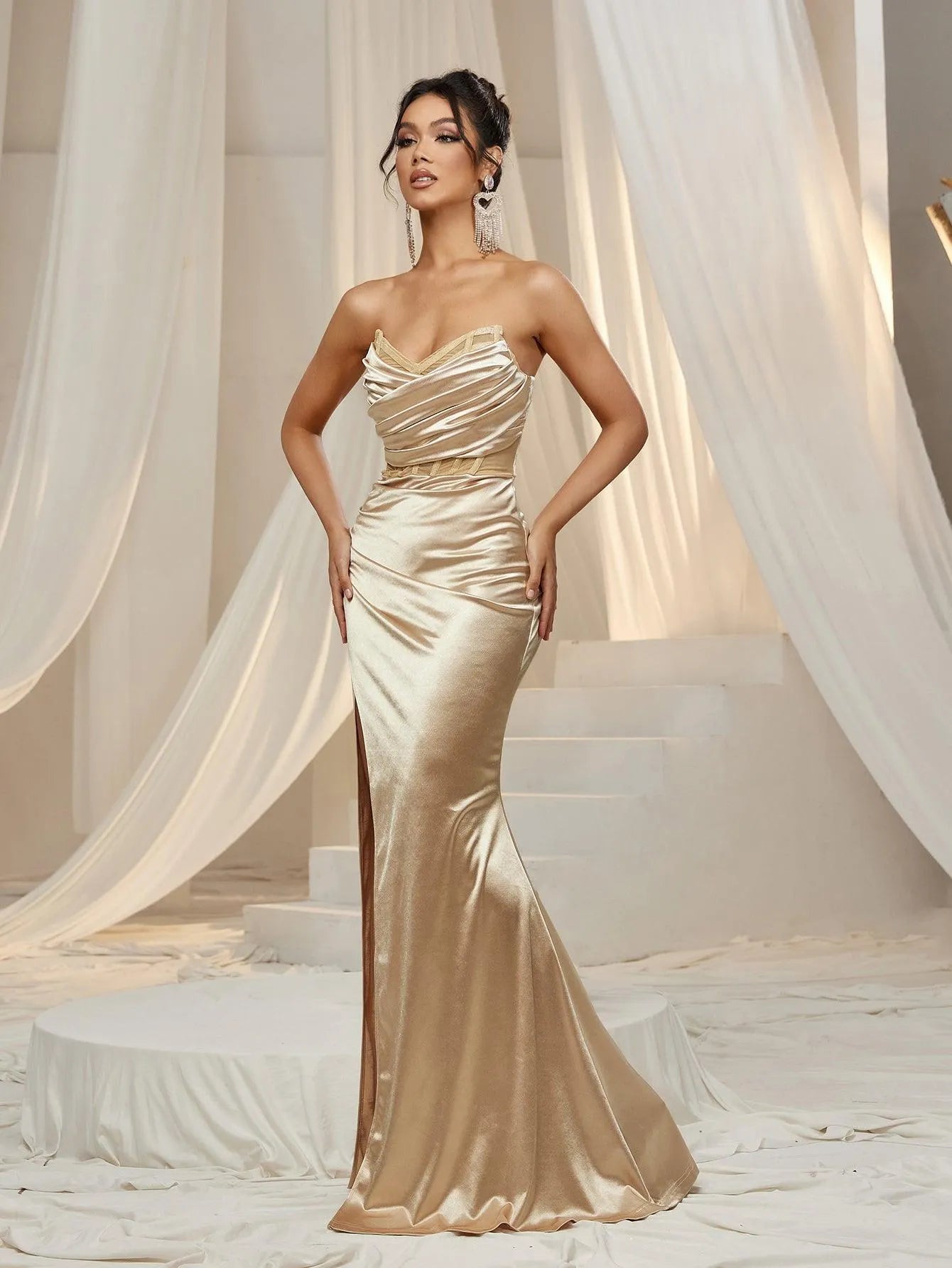 Ruched Wrap Mermaid Hem Satin Party Tube Dress