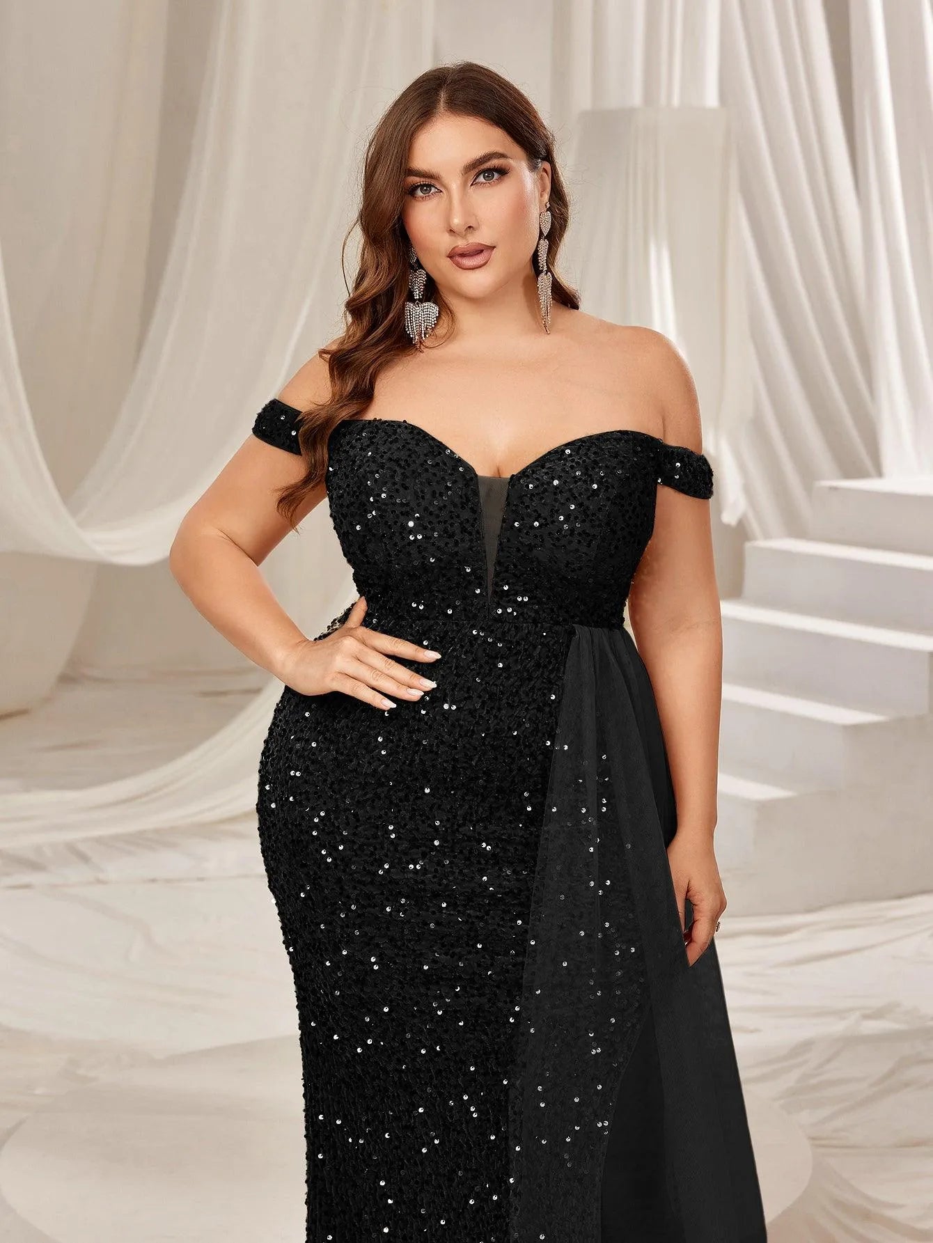 Plus Off Shoulder Split Thigh Sequin Formal Party Dress