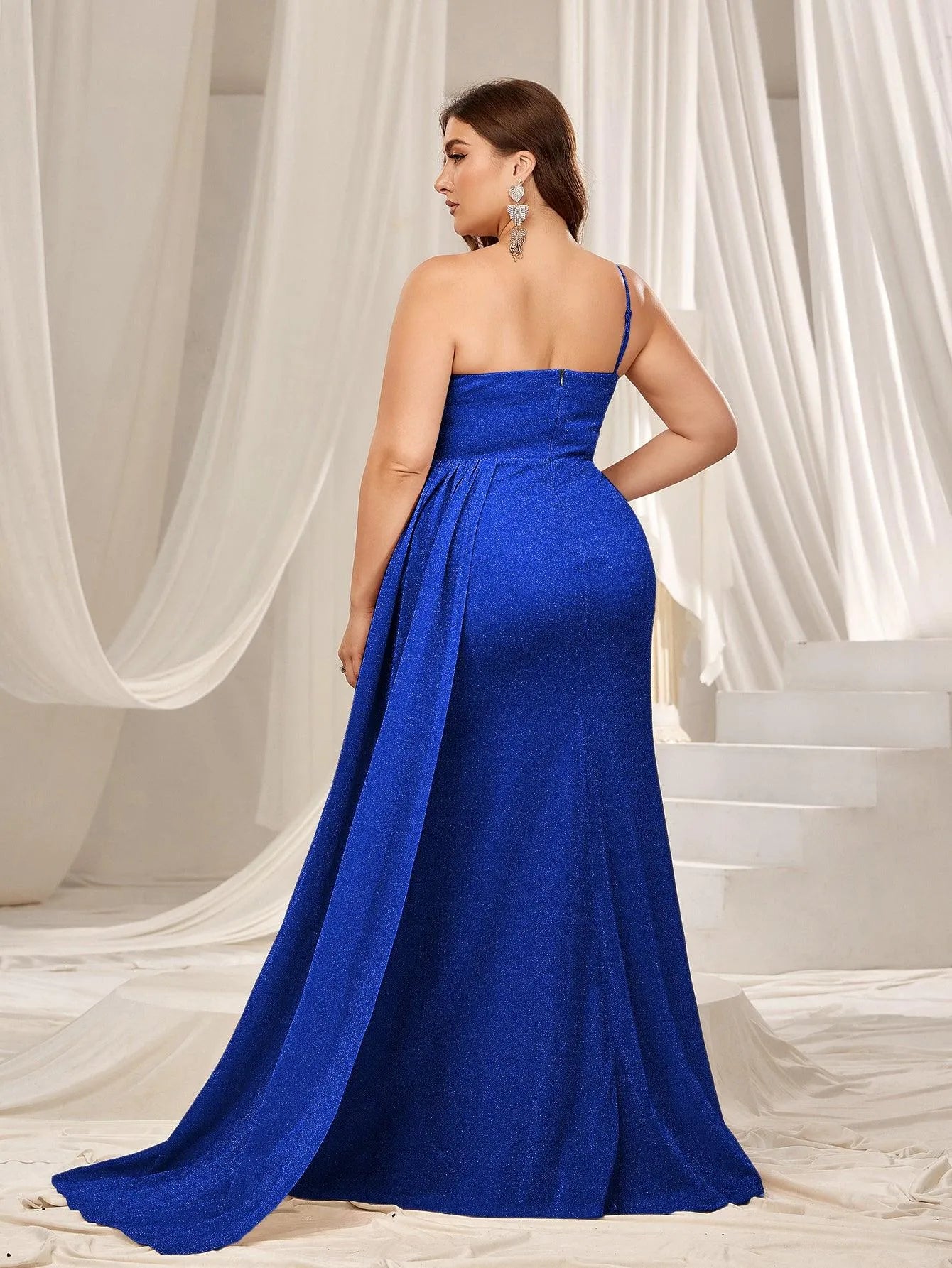 Plus Glitter One Shoulder Split Thigh Draped Side Party Dress