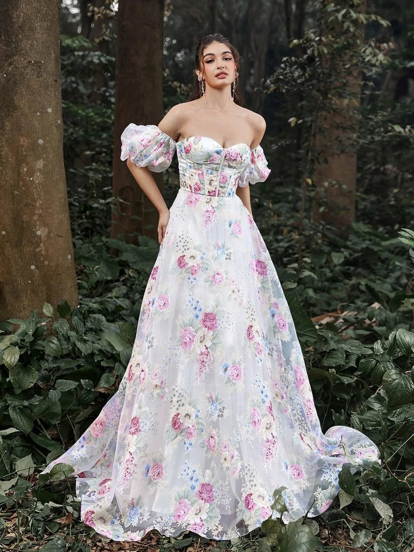 Elegant Off Shoulder Puff Sleeves Floral Printed Organza Prom Dress