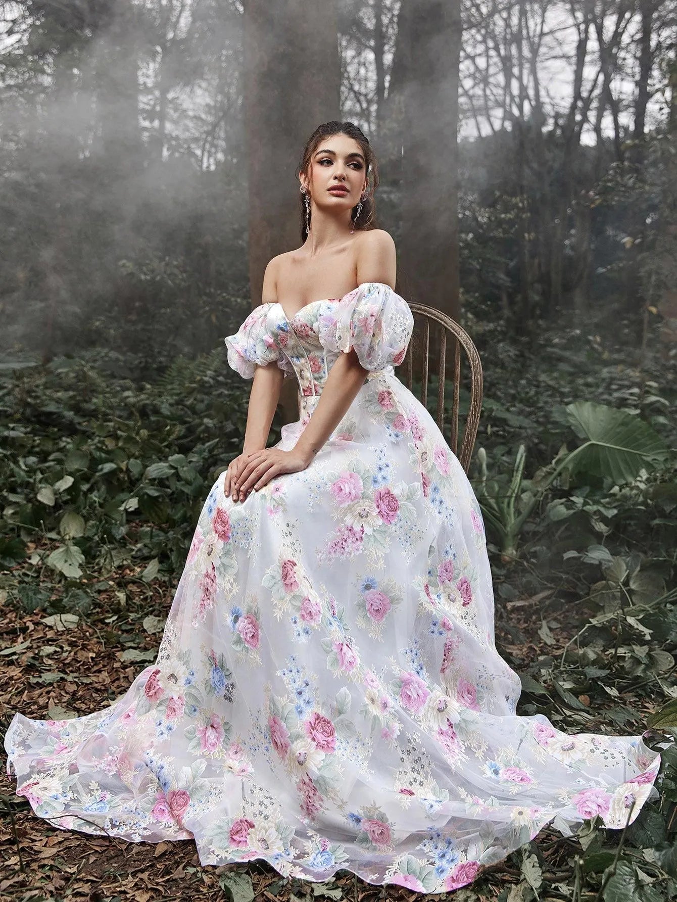 Elegant Off Shoulder Puff Sleeves Floral Printed Organza Prom Dress