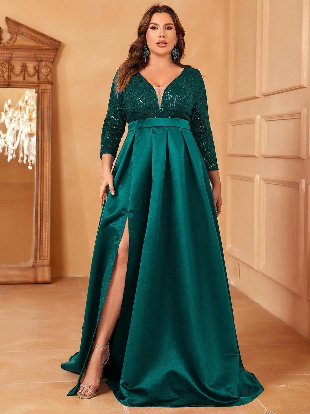 Plus Deep V Neck 3/4 Sleeve Slit A Line Prom Dress