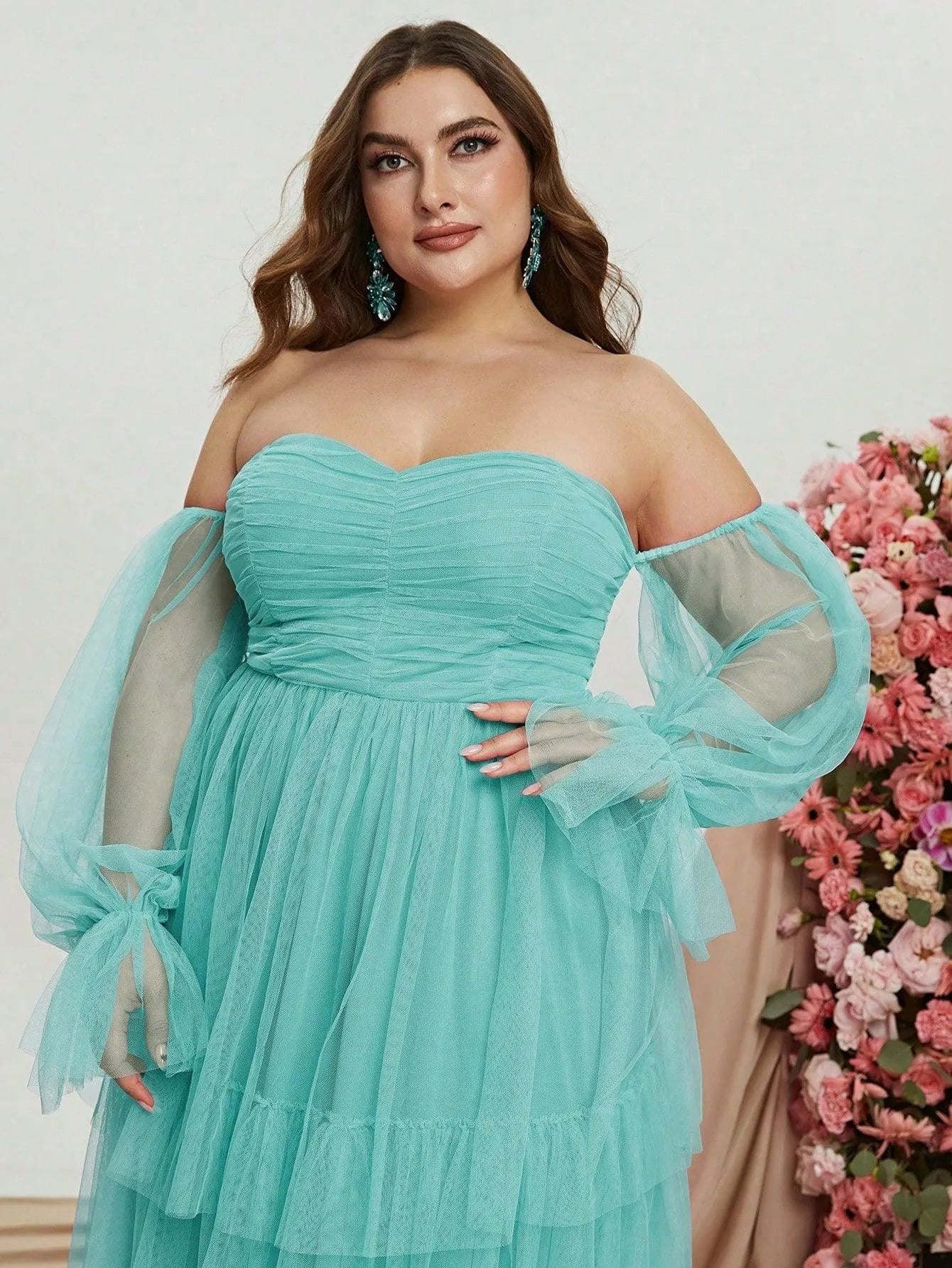 Plus Off Shoulder Flounce Sleeve Mesh Party Dress