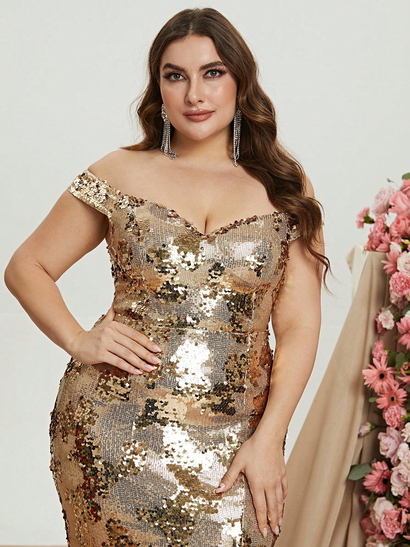 Plus Size Off Shoulder Slit Sequin Mermaid Dress