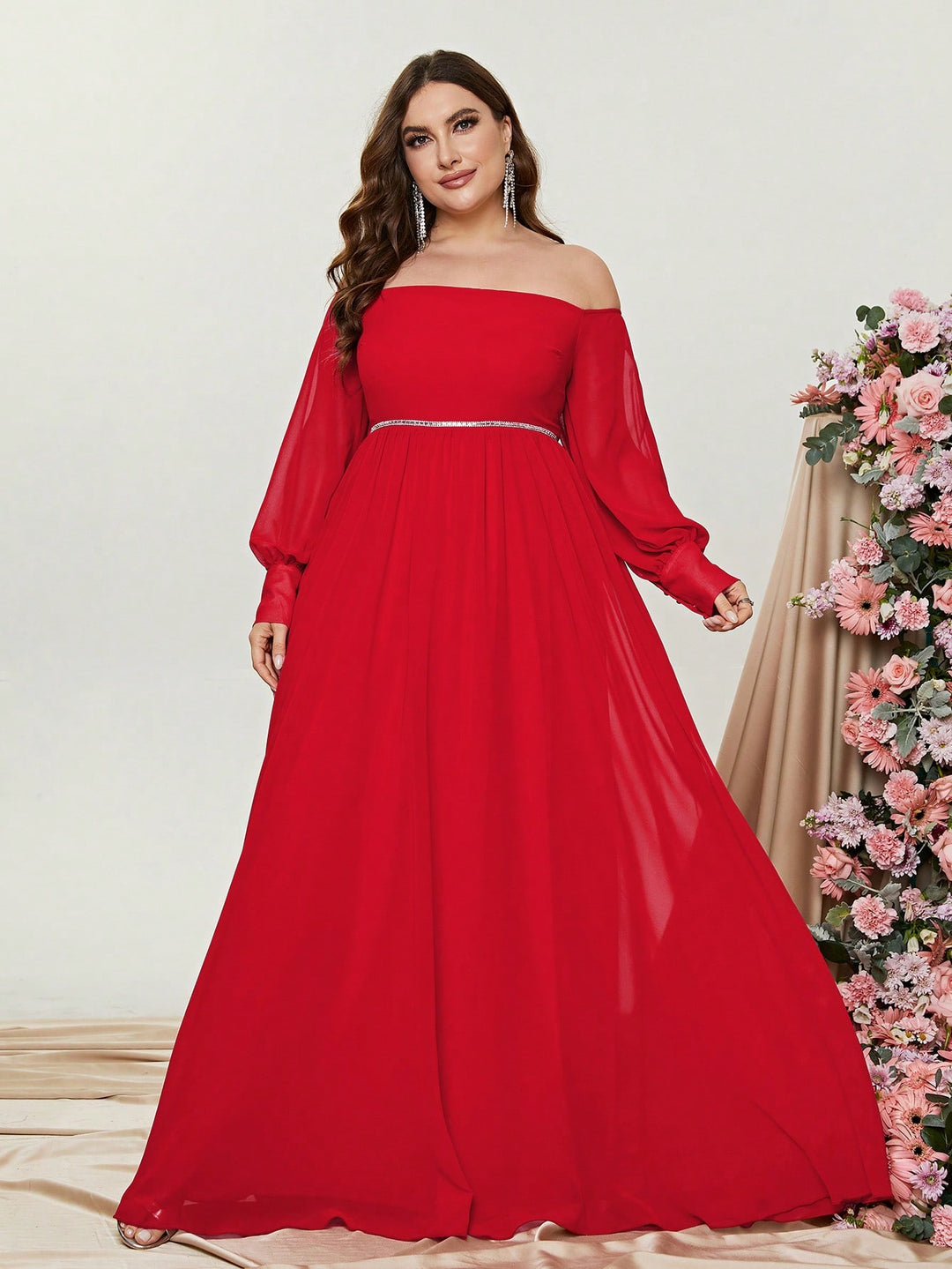 Plus Size Elegant Off Shoulder Long Sleeve Chiffon A Line Dresses