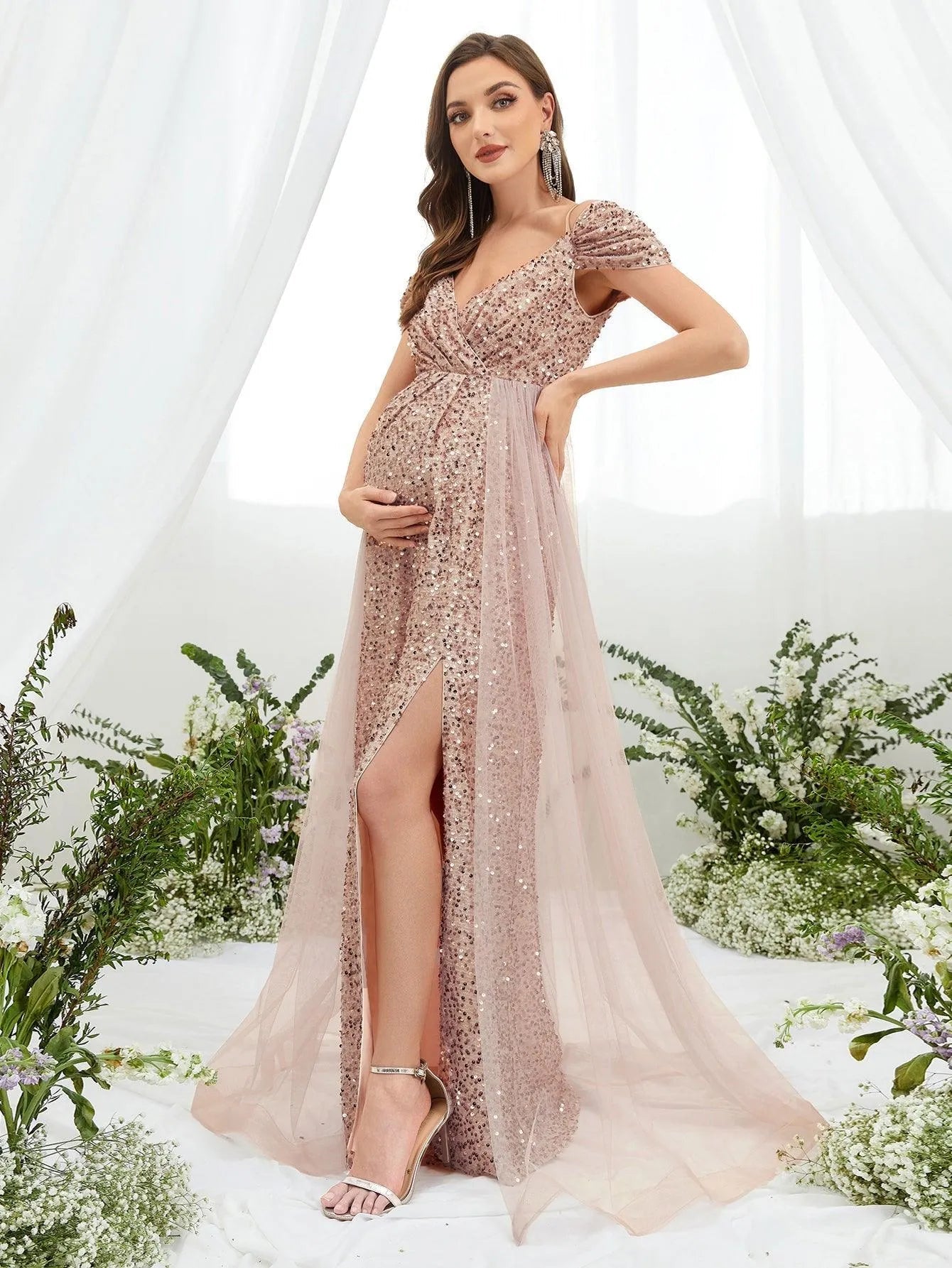 Maternity Cold Shoulder Contrast Mesh Sequin Cami Dress