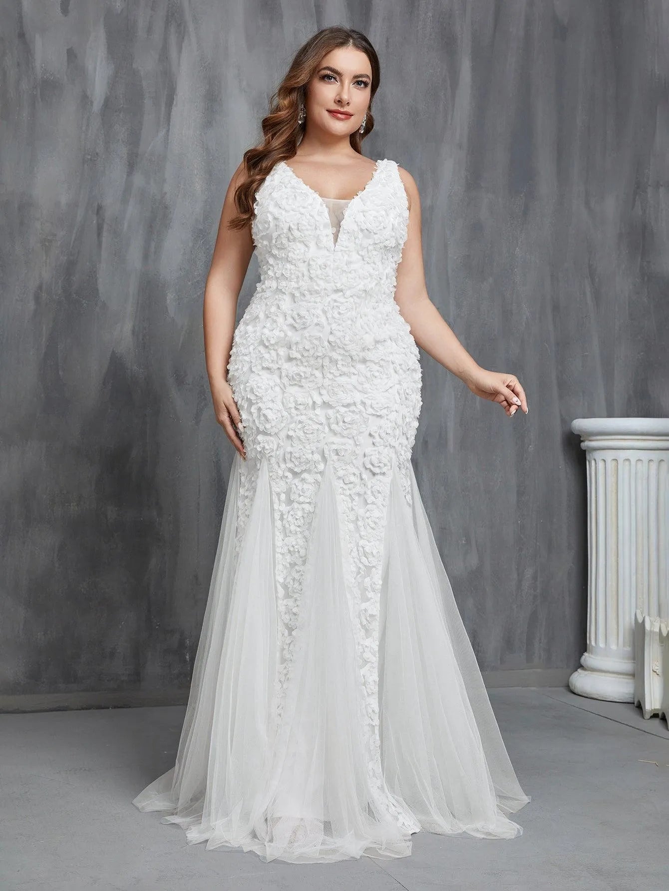 Plus Plunging Neck Mermaid Hem Wedding Dress