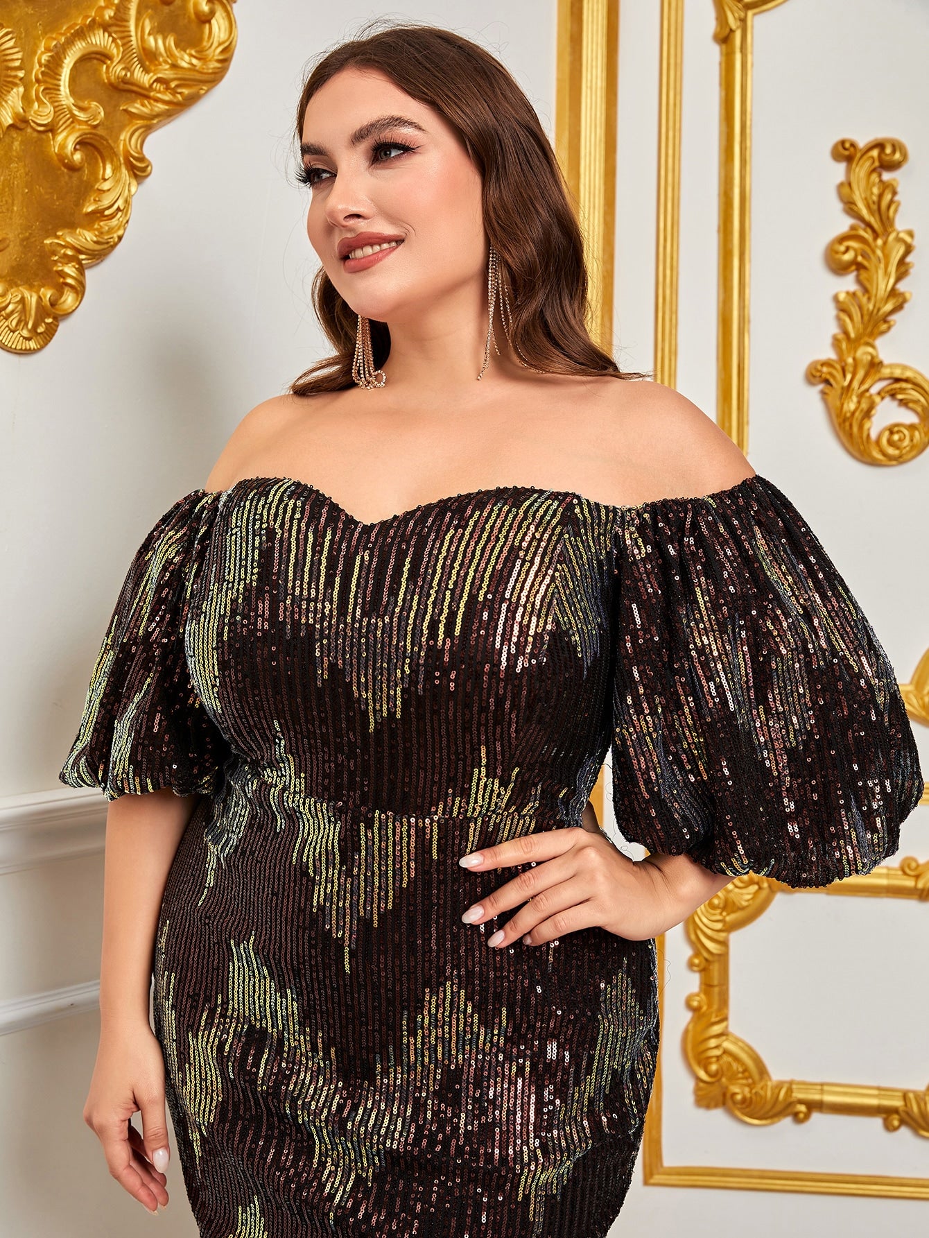 Plus Off Shoulder Puff Sleeve Sequin Midi Dresses