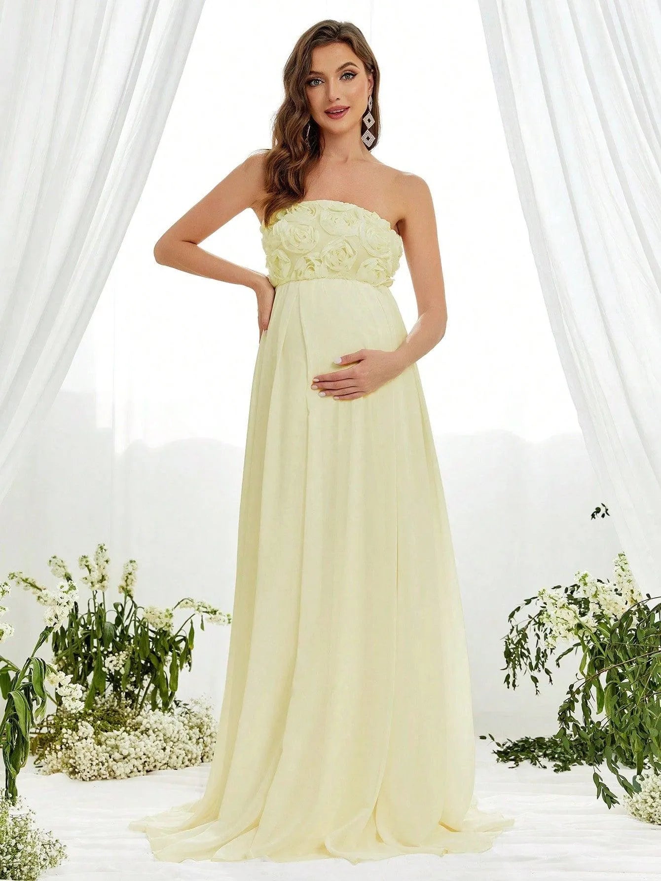 Maternity Floral Applique Tube Chiffon Dress