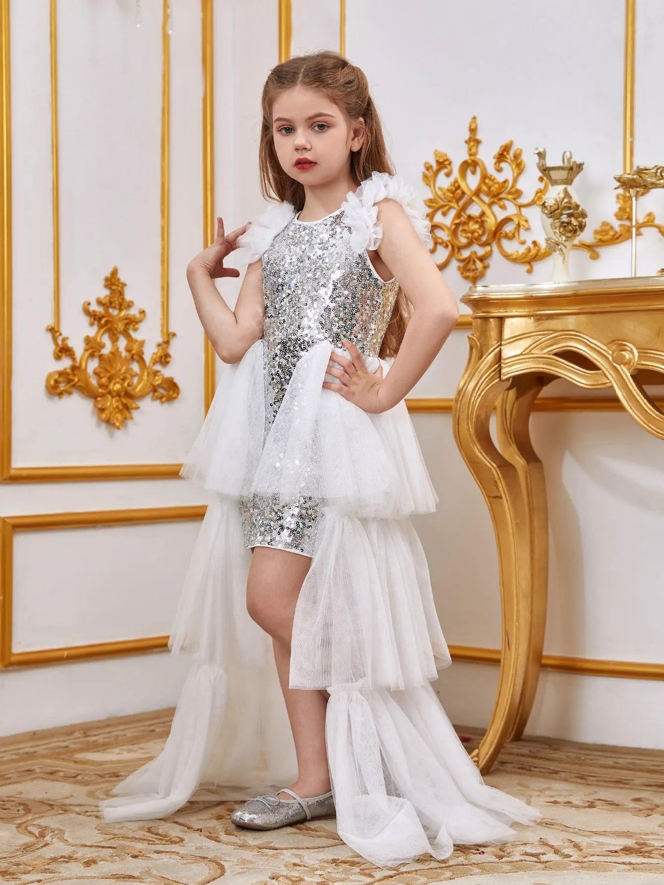 Tween Girls' Sleeveless Mesh Layered Hem Sequin Party Dress