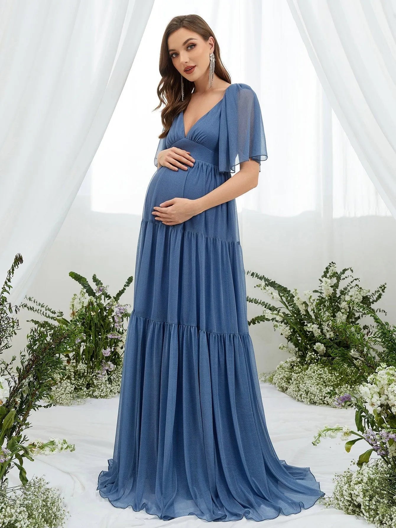 Maternity Plunging Neck Butterfly Sleeve Ruffle Hem Dress