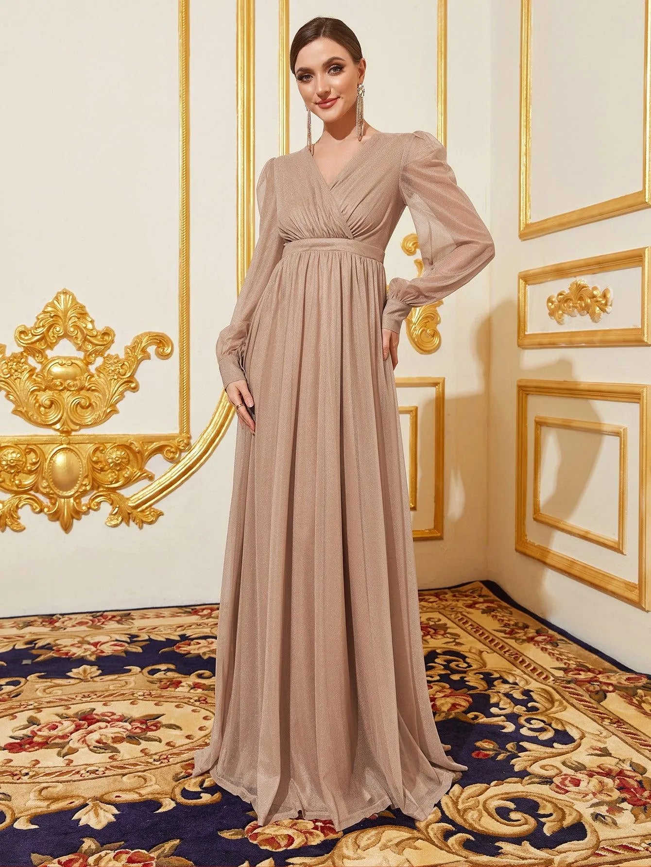 Elegant V Neck Lantern Sleeves Maxi A Line Dress