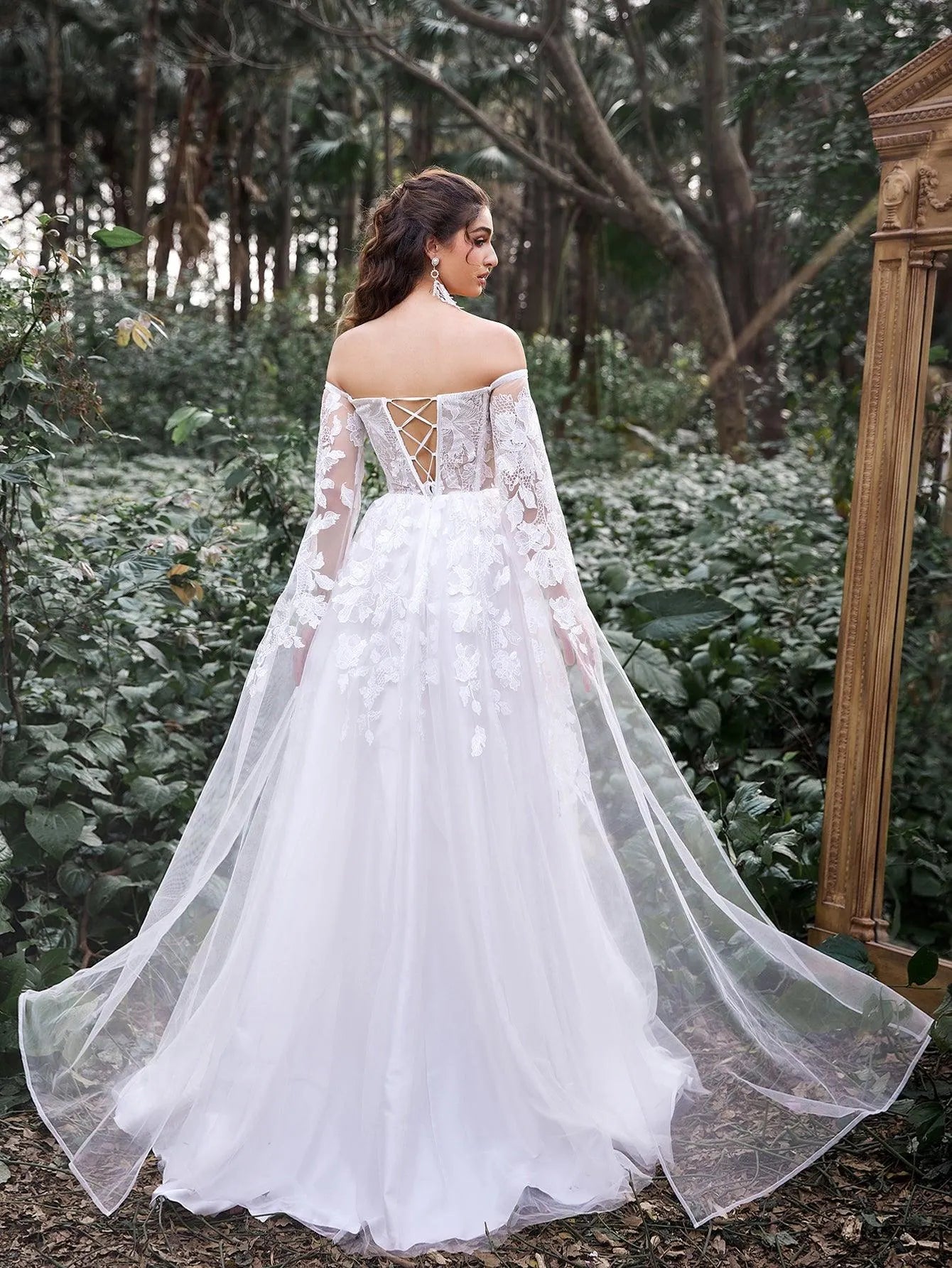 Gorgeous Off Shoulder Cape Sleeves Floral Applique Detail Wedding Dress