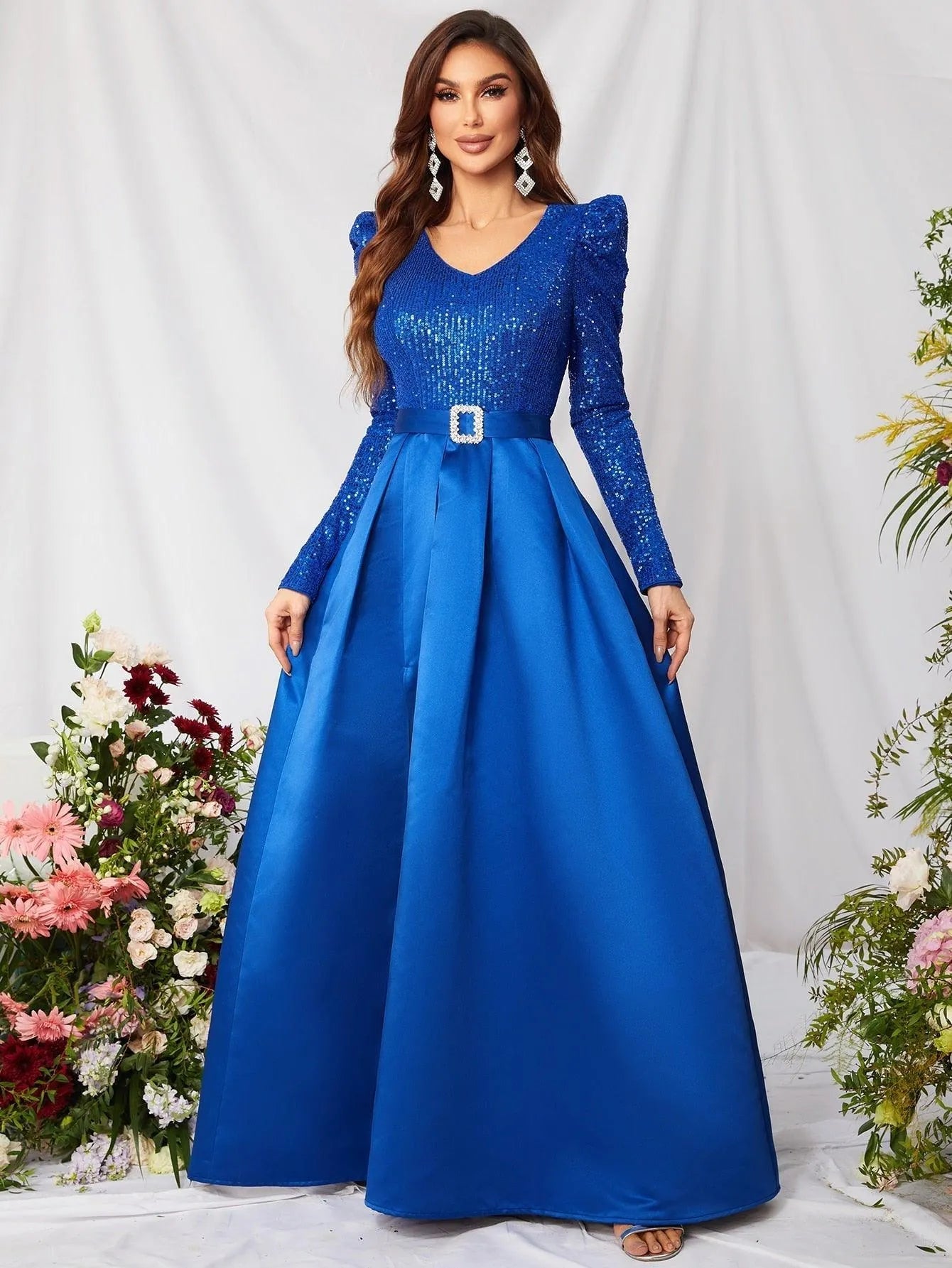 Elegant V Neck Gigot Sleeve Slit A Line Prom Dress