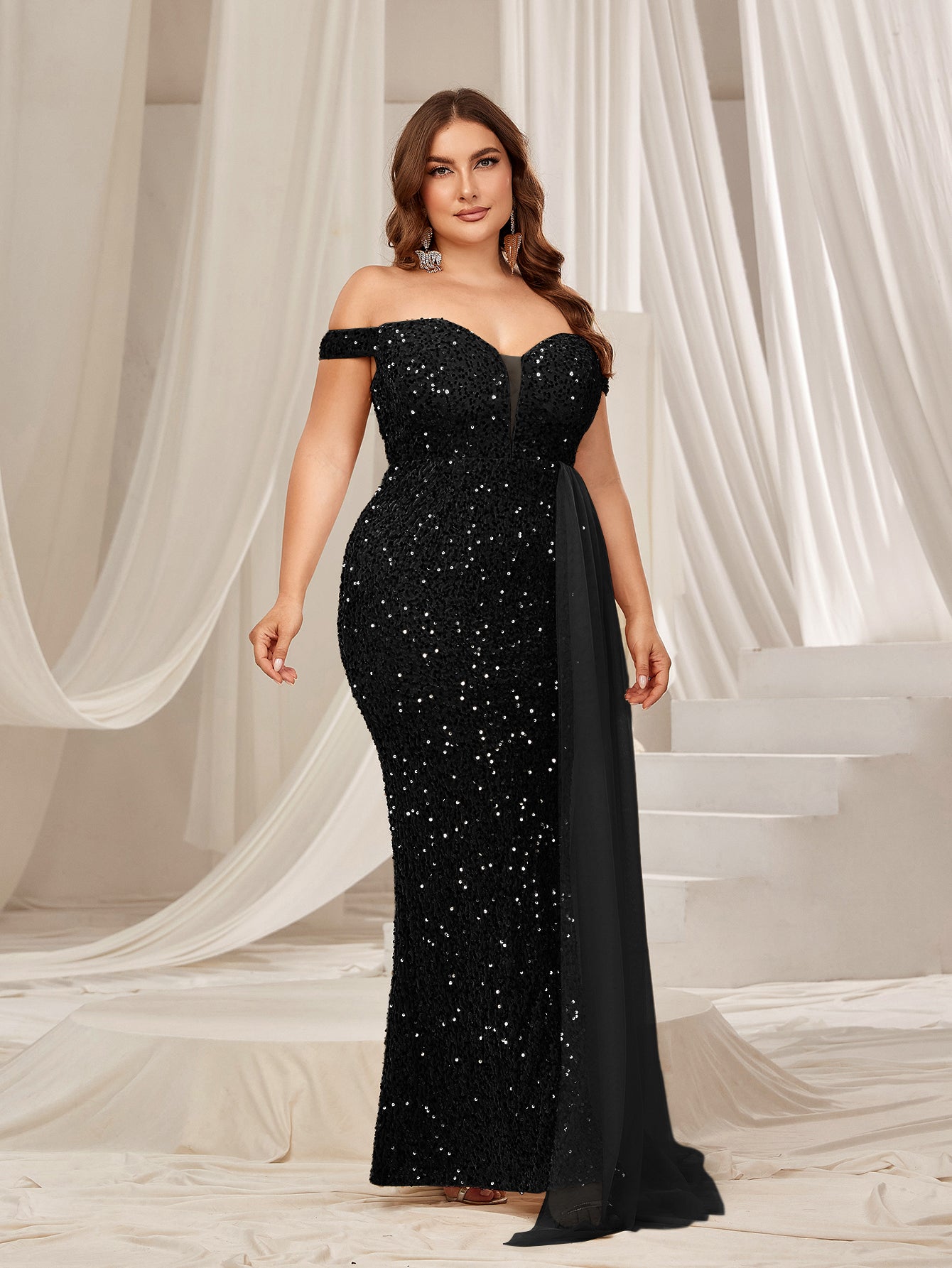 Plus Off Shoulder Split Thigh Sequin Formal Party Dress