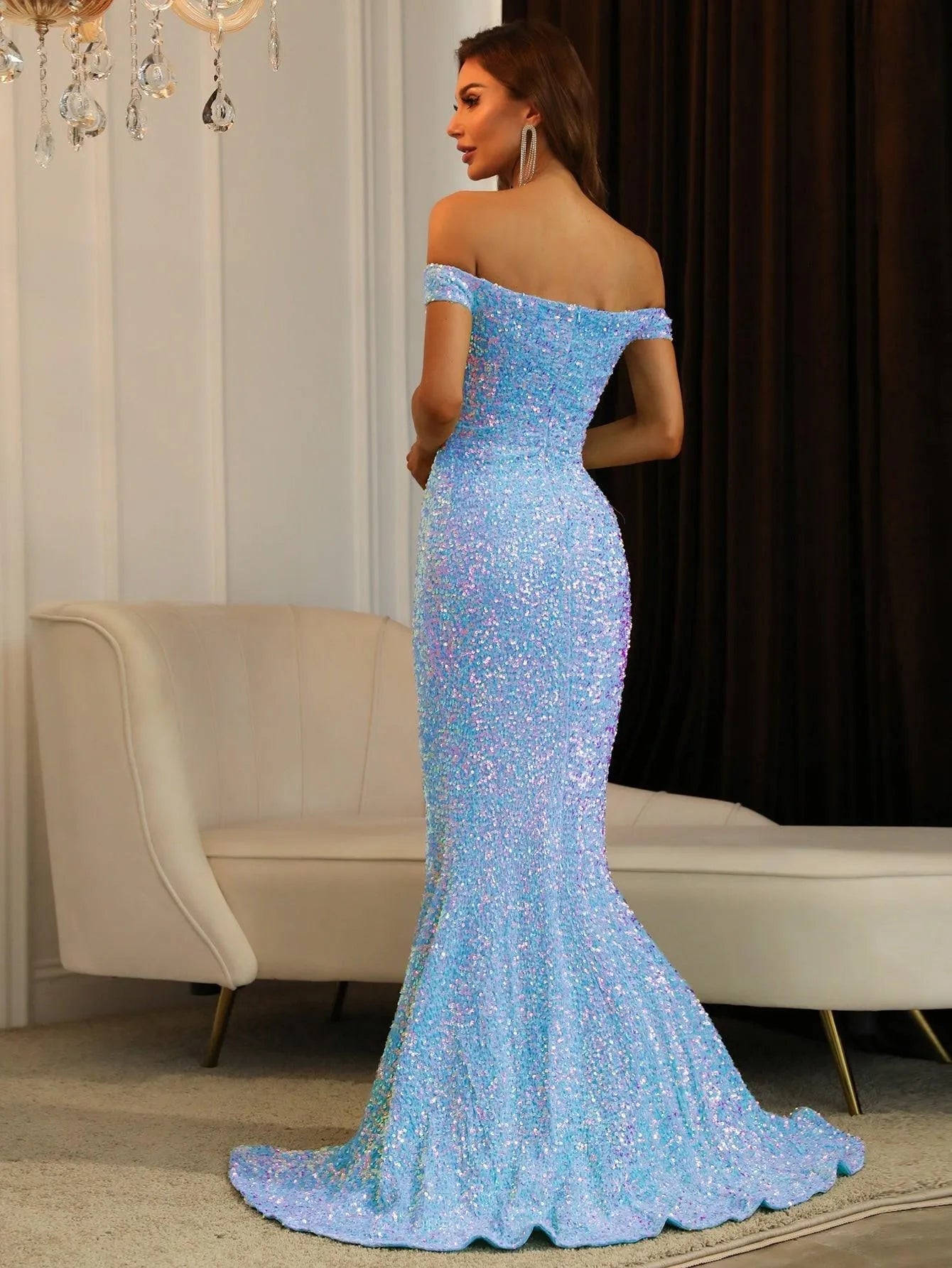 Off Shoulder Sweetheart Neck High Slit Sequin Party Dress