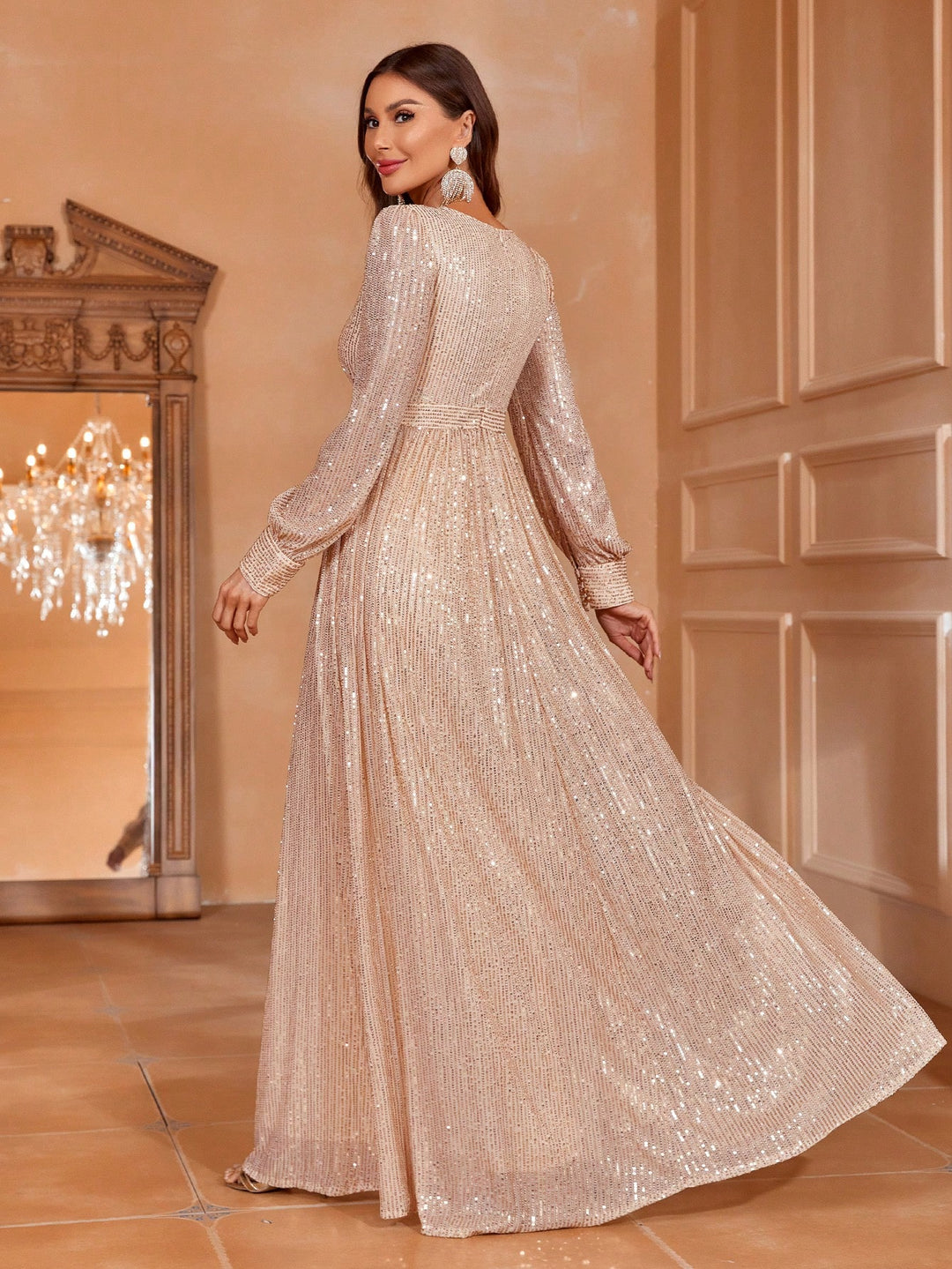 Elegant V Neck Lantern Sleeve Sequin A Line Dresses