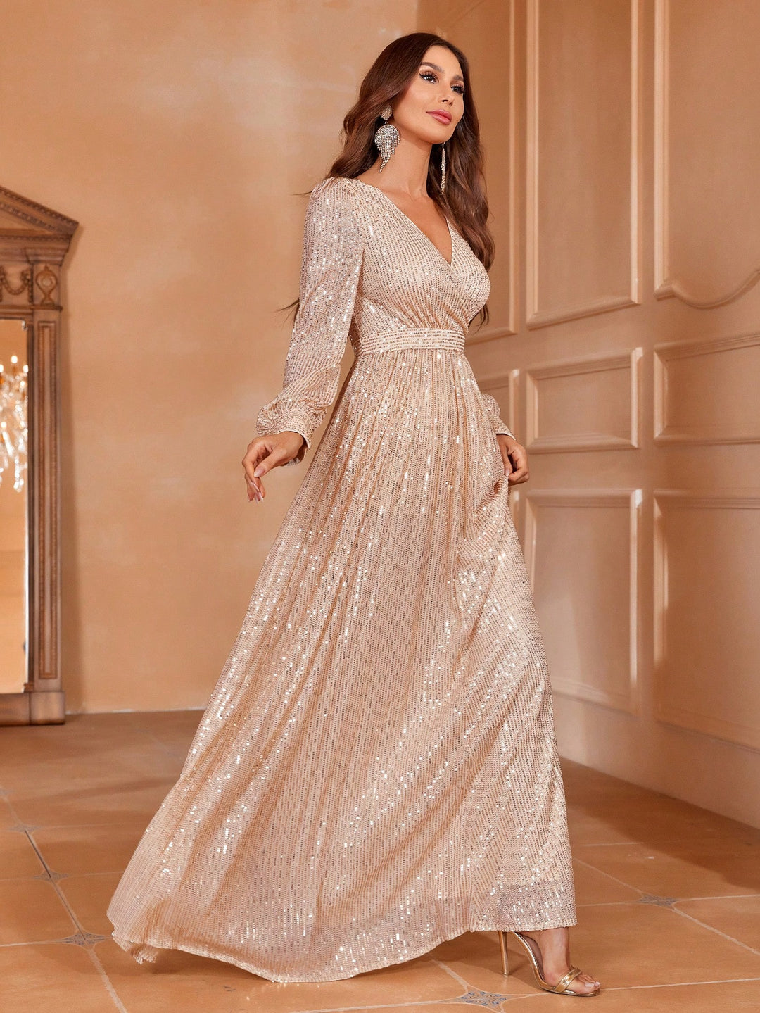 Elegant V Neck Lantern Sleeve Sequin A Line Dresses