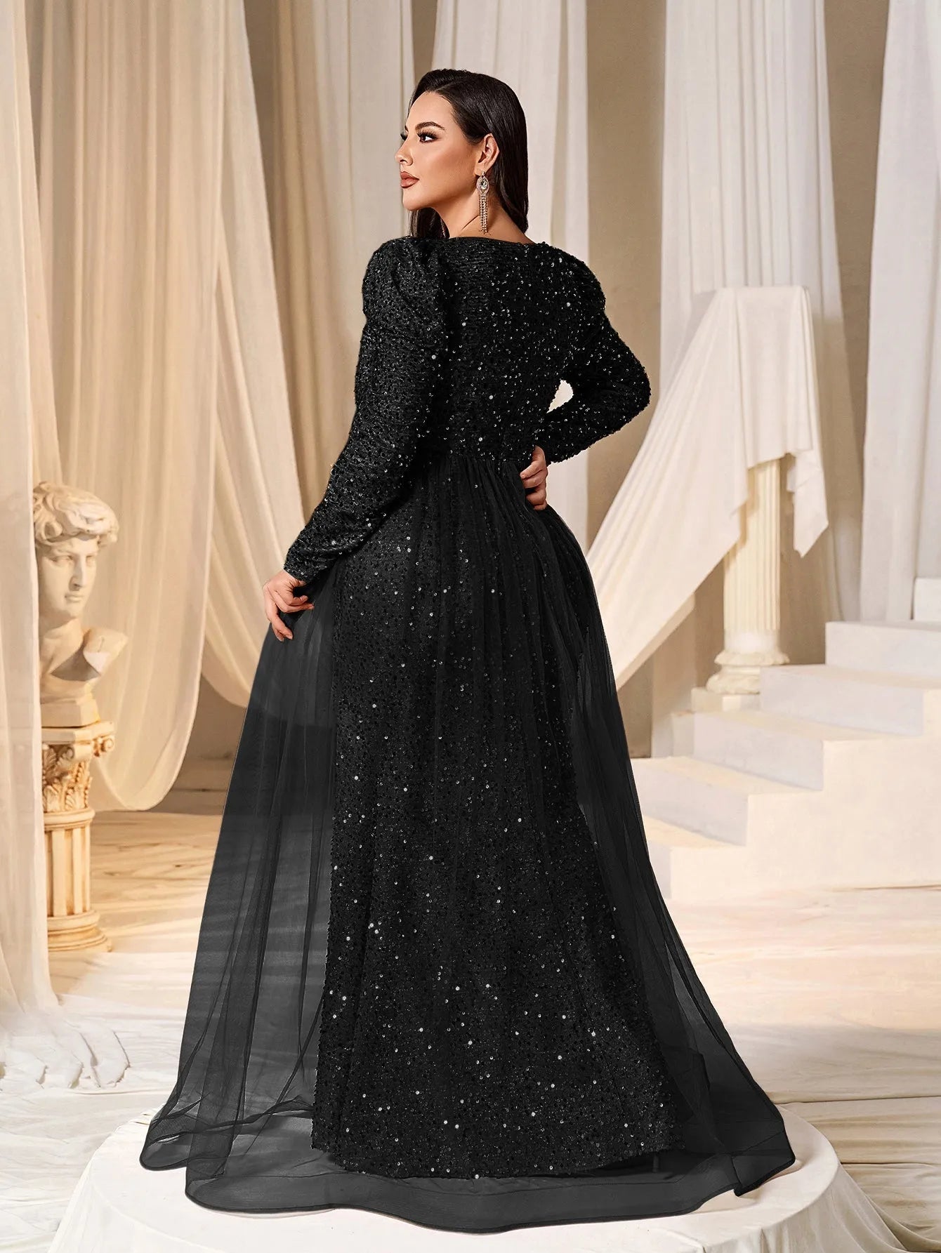 Plus Gigot Sleeves Split Mermaid Hem Sequin Formal Dress