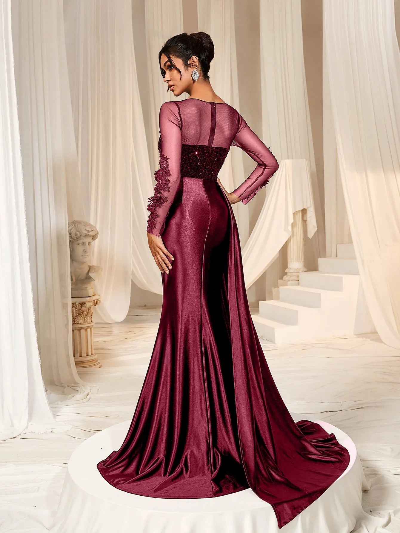 Elegant Sequin Bodice Sheer Sleeves Mermaid Hem Satin Evening Dress