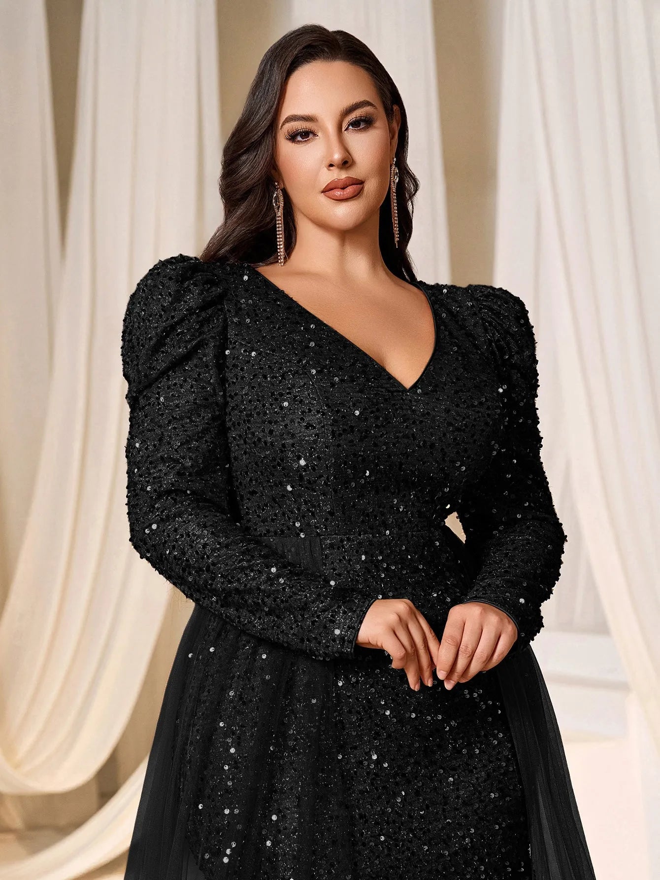 Plus Gigot Sleeves Split Mermaid Hem Sequin Formal Dress