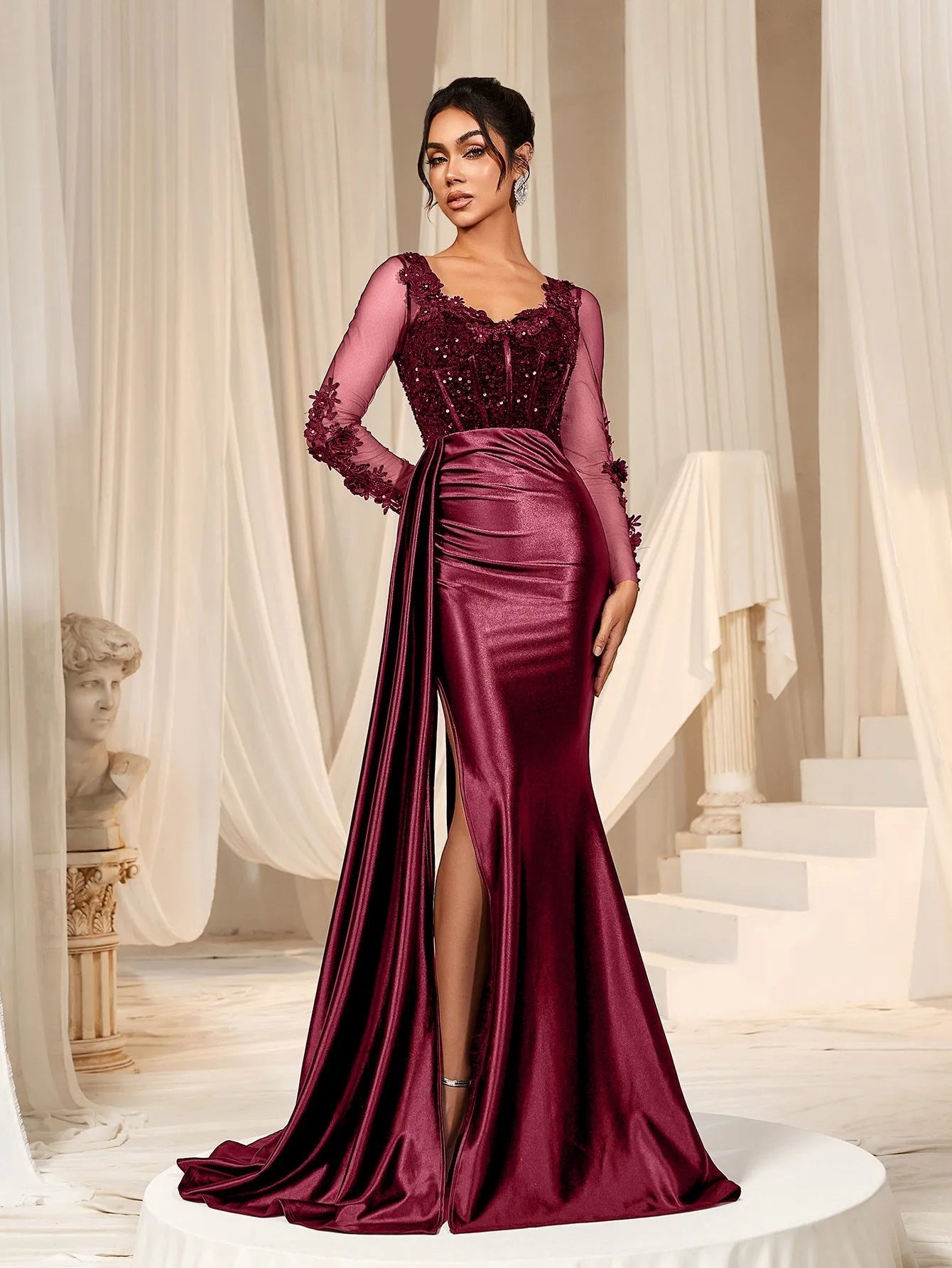 Elegant Sequin Bodice Sheer Sleeves Mermaid Hem Satin Evening Dress