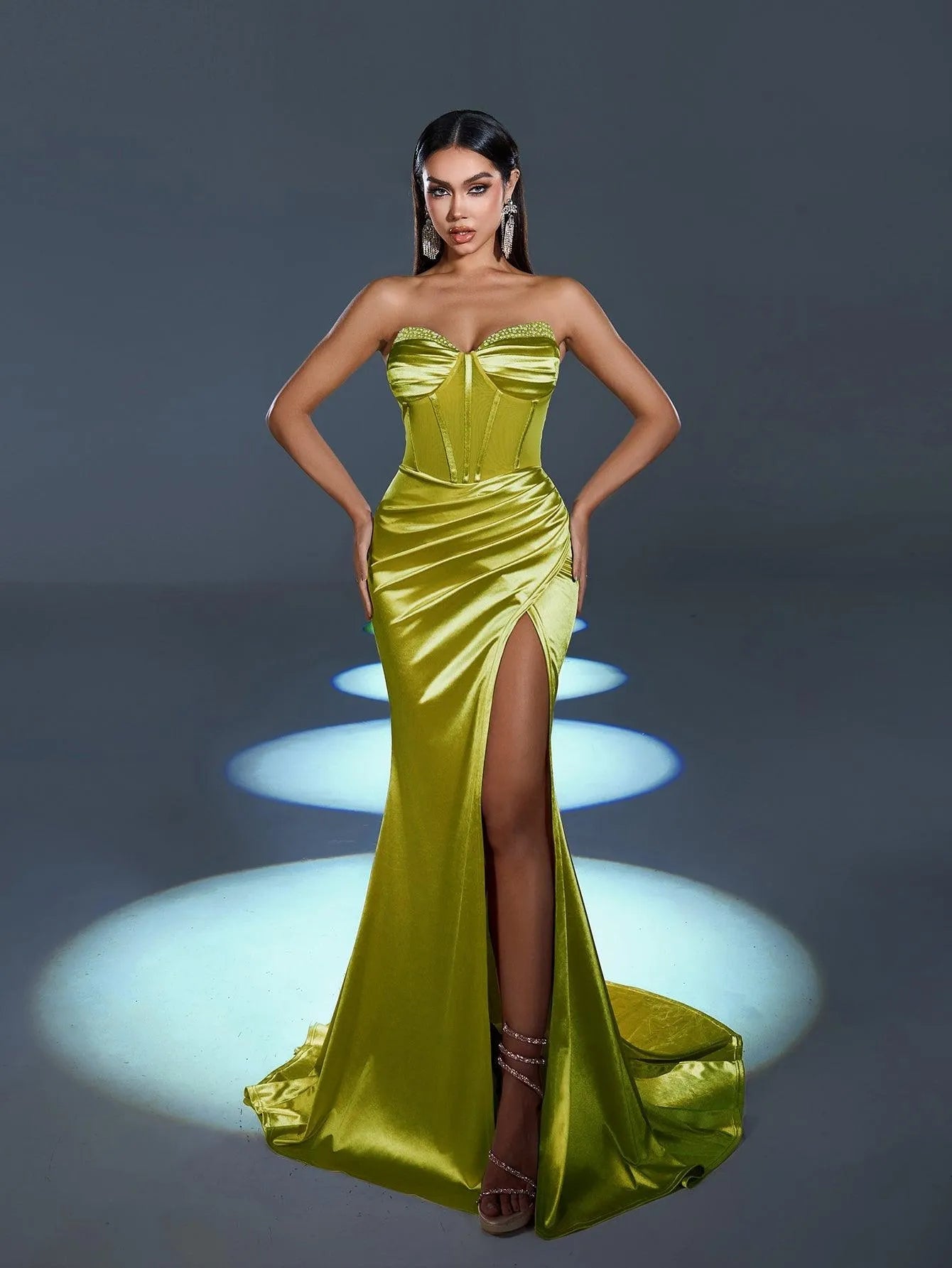 Ruched Bustier Wrap Hem Satin Mermaid Dress