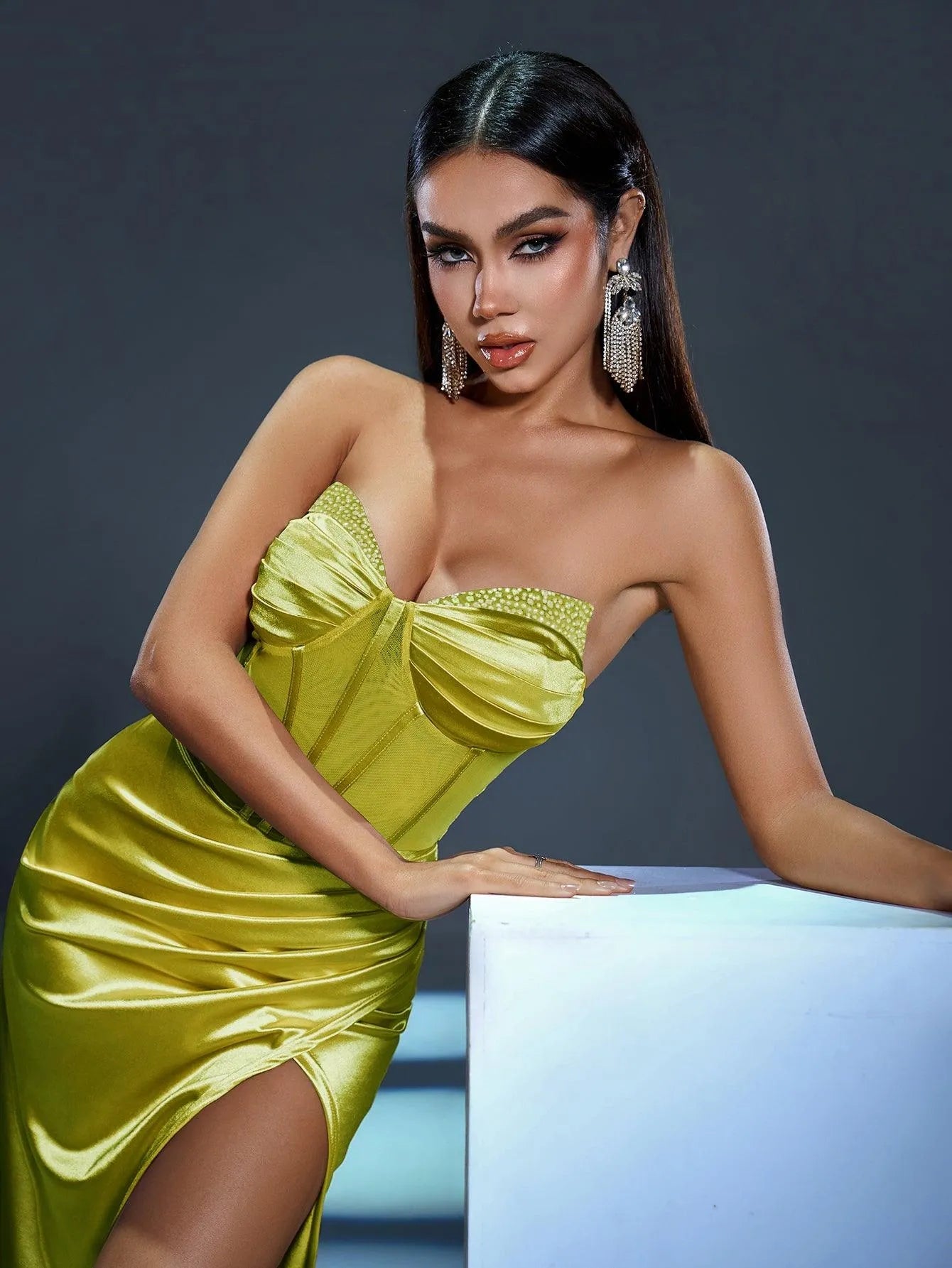 Ruched Bustier Wrap Hem Satin Mermaid Dress