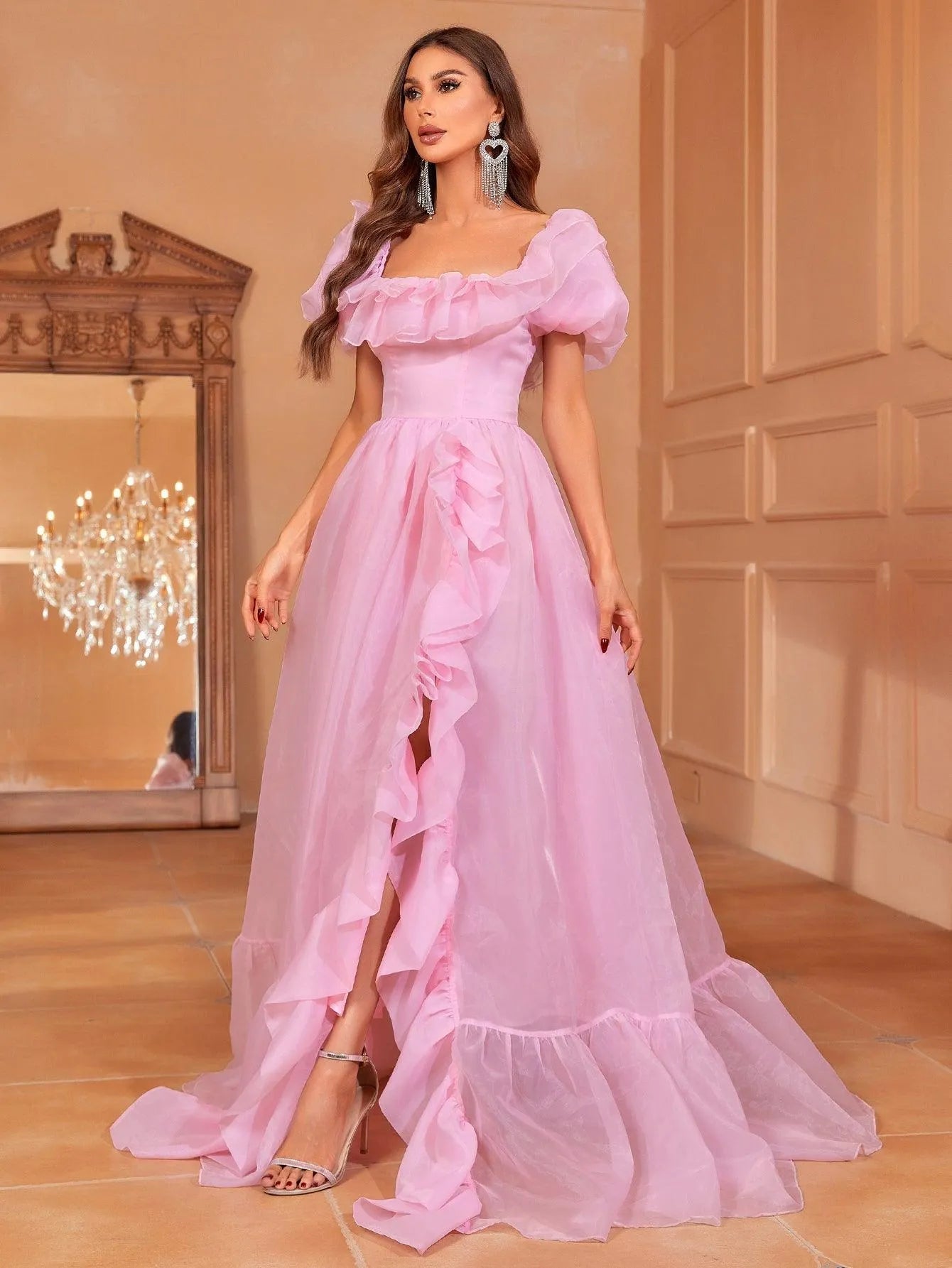 Elegant Ruffle Trim Puff Sleeves Organza Dress