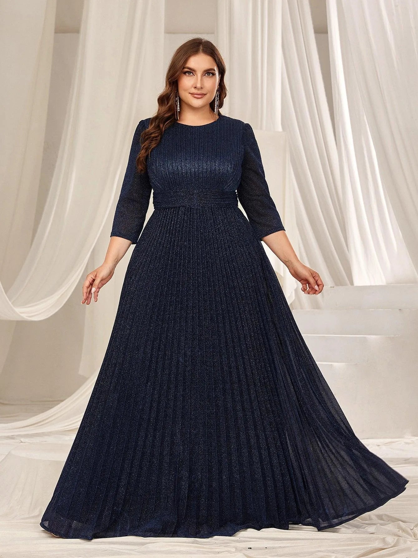 Plus Glitter 3/4 Sleeves Pleated A Line Evening Dress