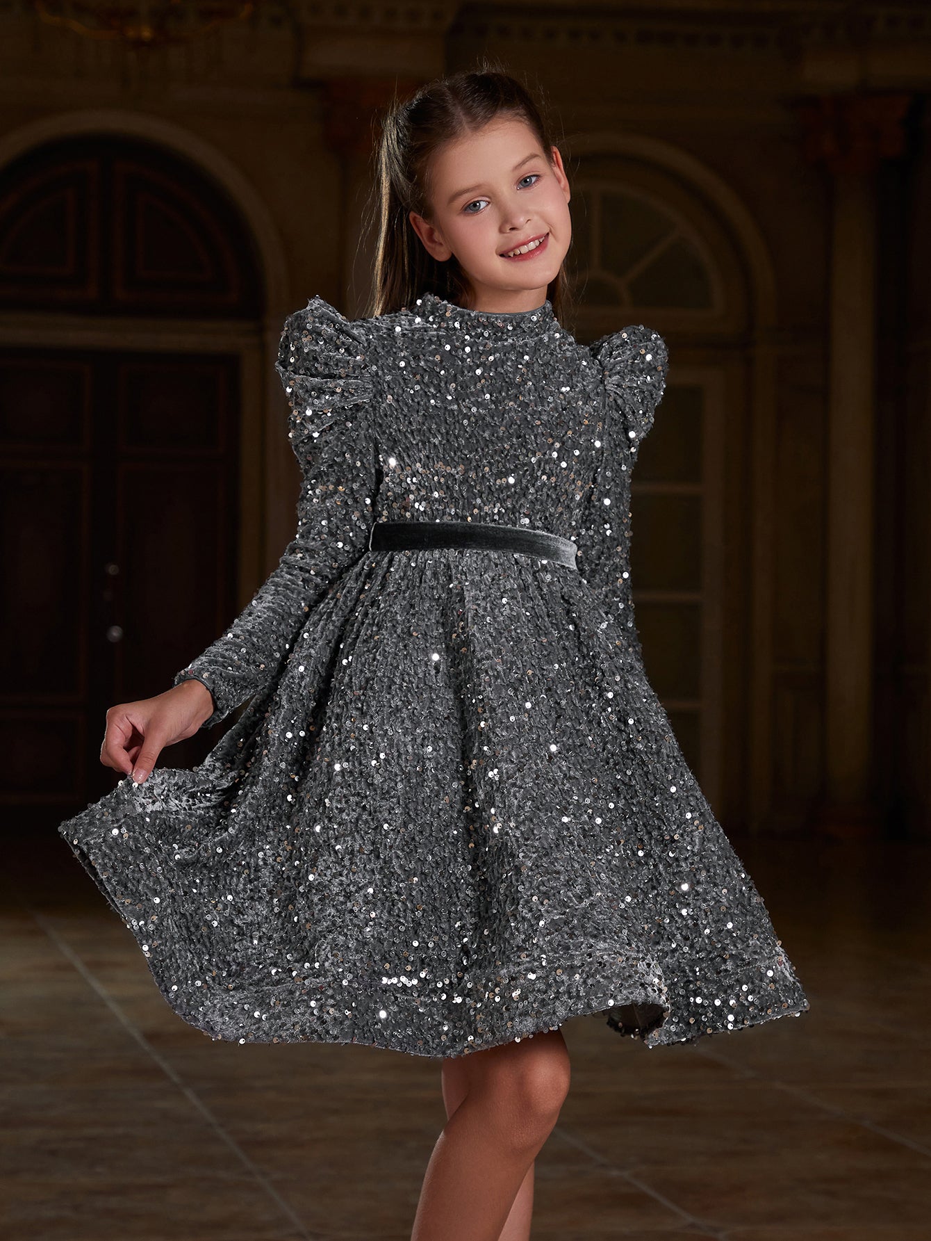 Tween Girls' Mock Neck Gigot Sleeve Sequin A Line Dress