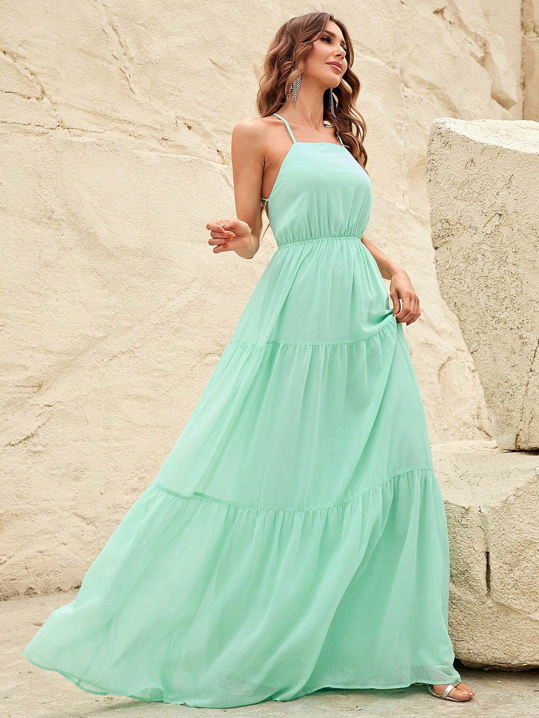 Back Lace Up Chiffon Tiered Maxi Dress