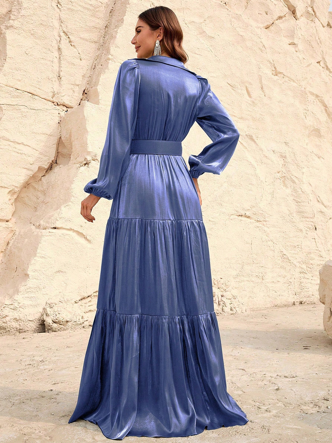 Elegant Lantern Sleeve Ruffle Hem Belted Chiffon Dress