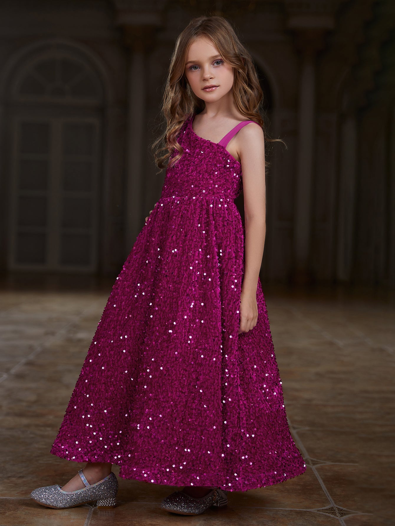 Tween Girls' Asymmetrical Neckline Sleeveless Sequin Party Dress